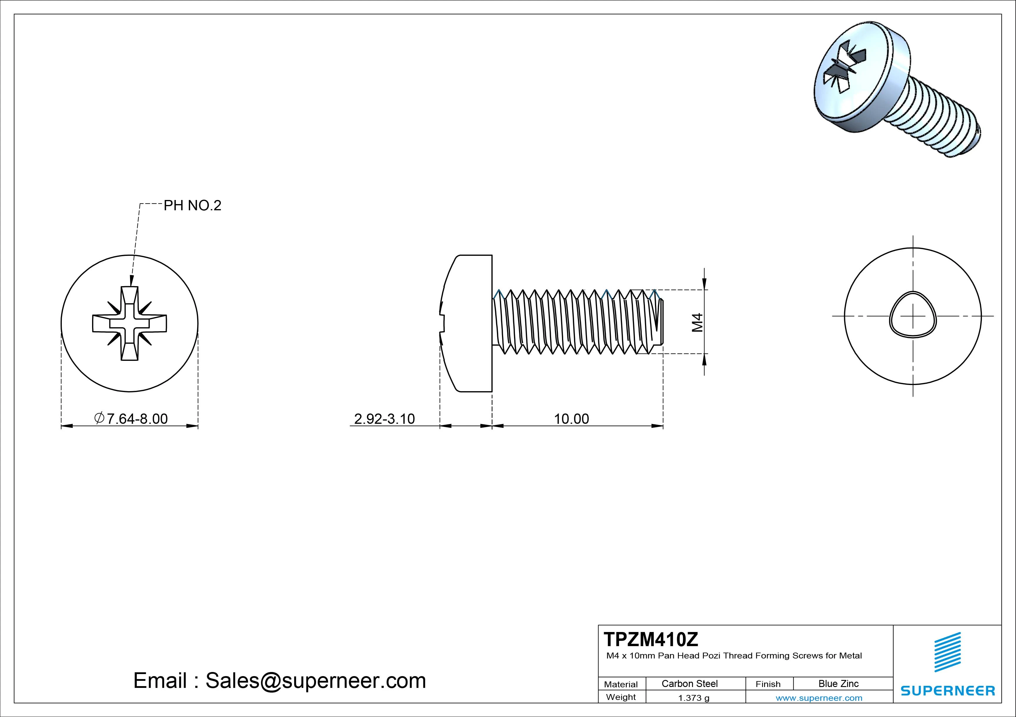 M4 &times; 10mm Pan Head Pozi Thread Forming Screws for Metal Steel Blue Zinc Plated