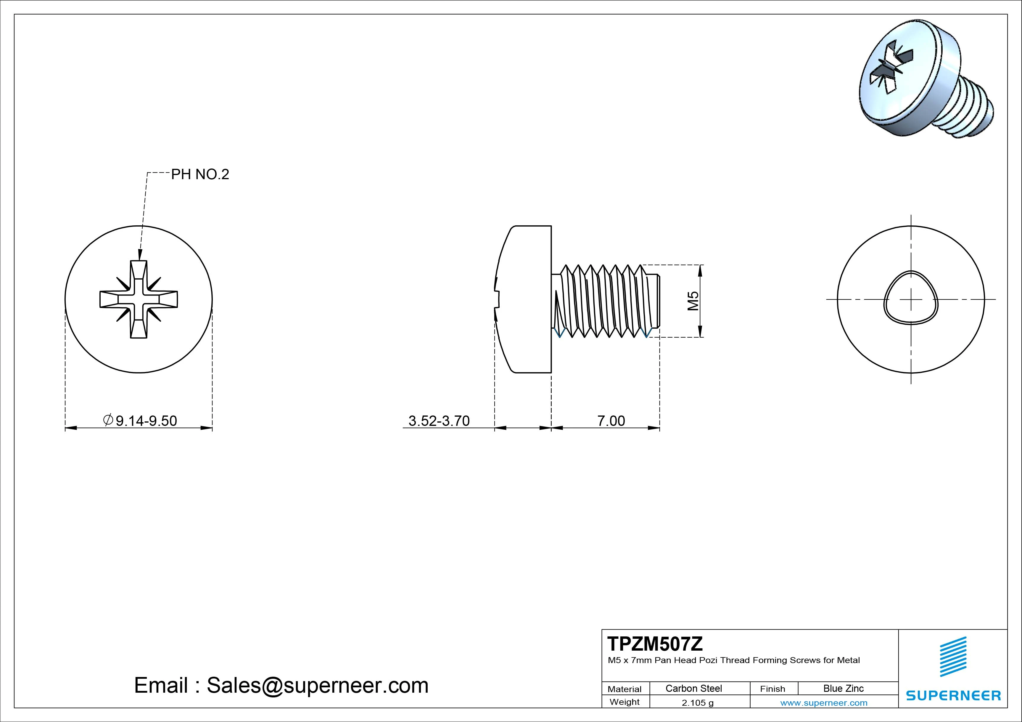 M5 &times; 7mm Pan Head Pozi Thread Forming Screws for Metal Steel Blue Zinc Plated