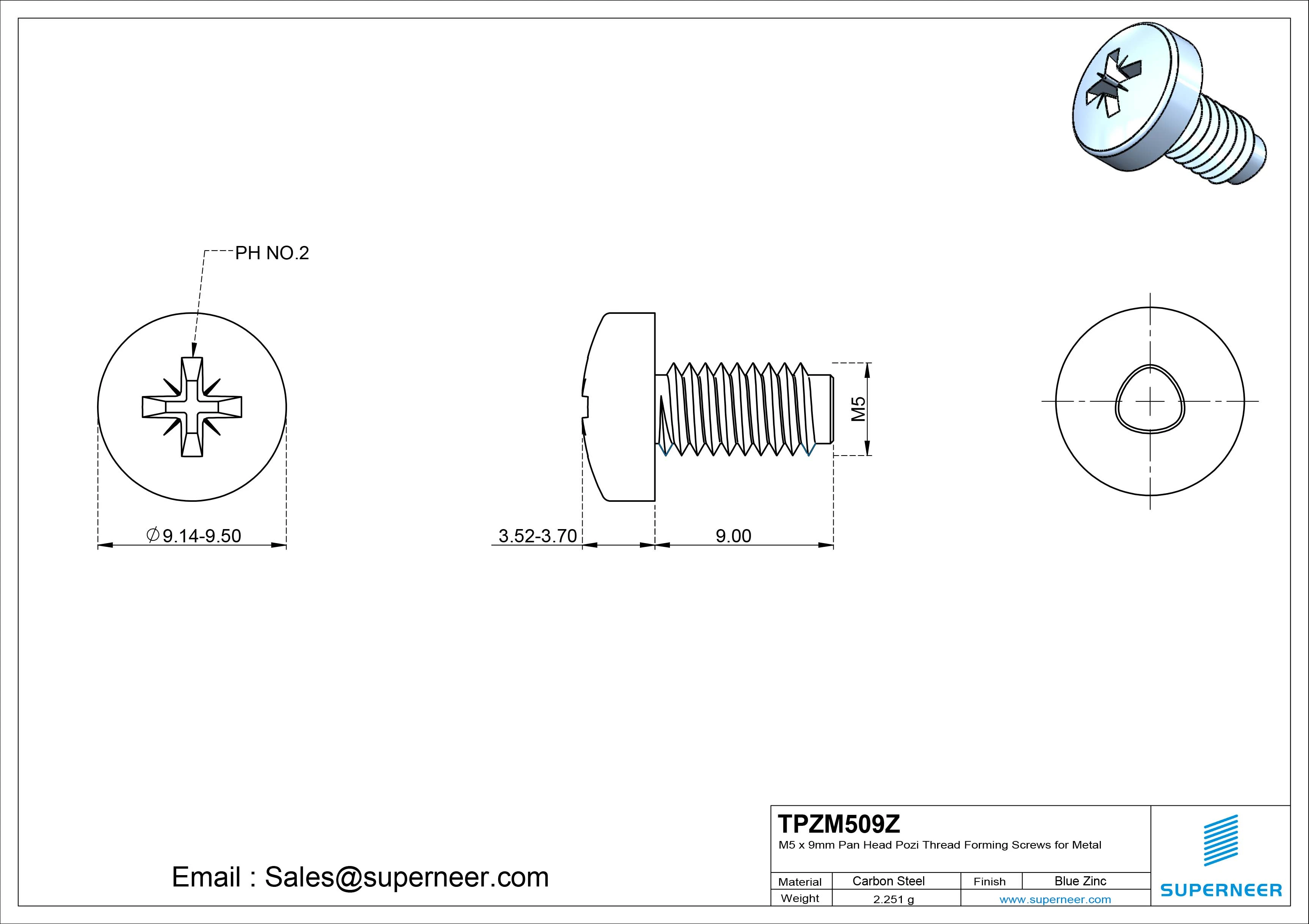 M5 &times; 9mm Pan Head Pozi Thread Forming Screws for Metal Steel Blue Zinc Plated