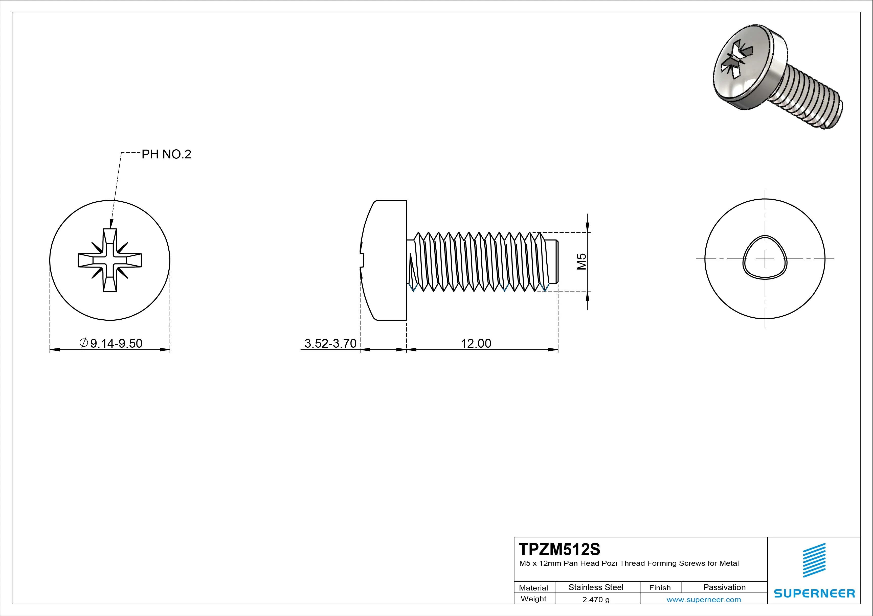 M5 &times; 12mm Pan Head Pozi Thread Forming Screws for Metal SUS304 Stainless Steel Inox
