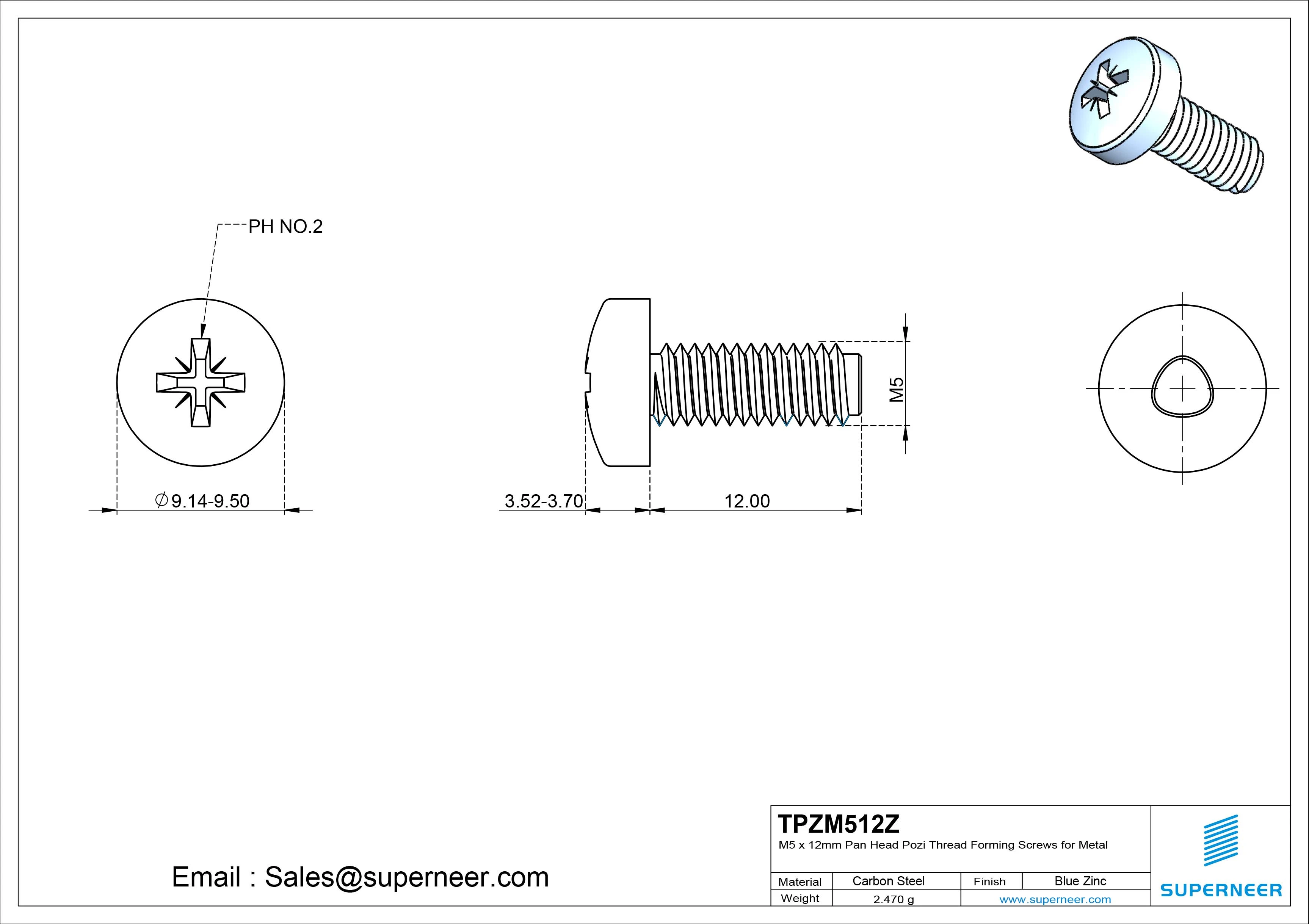 M5 &times; 12mm Pan Head Pozi Thread Forming Screws for Metal Steel Blue Zinc Plated