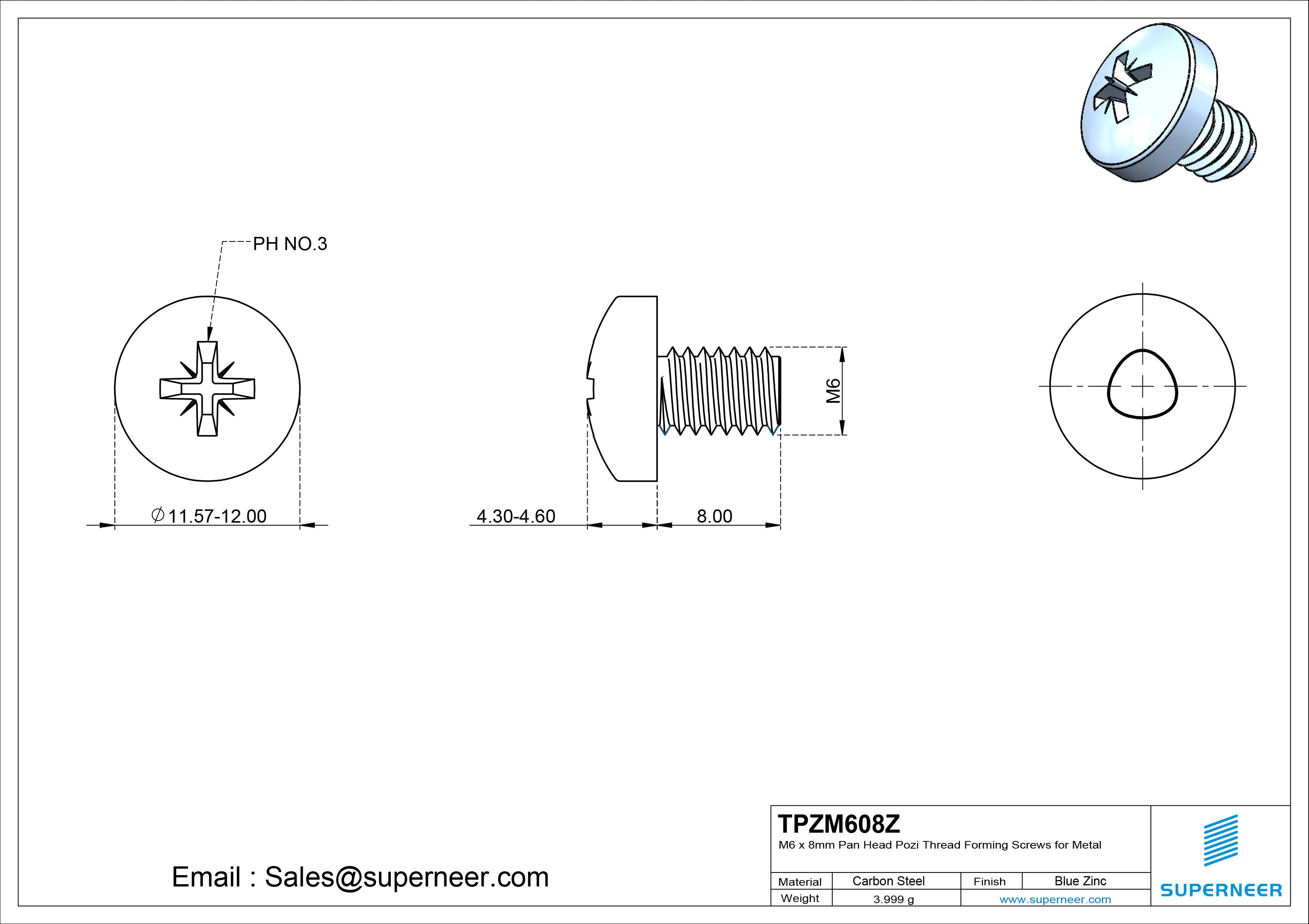 M6 &times; 8mm Pan Head Pozi Thread Forming Screws for Metal Steel Blue Zinc Plated