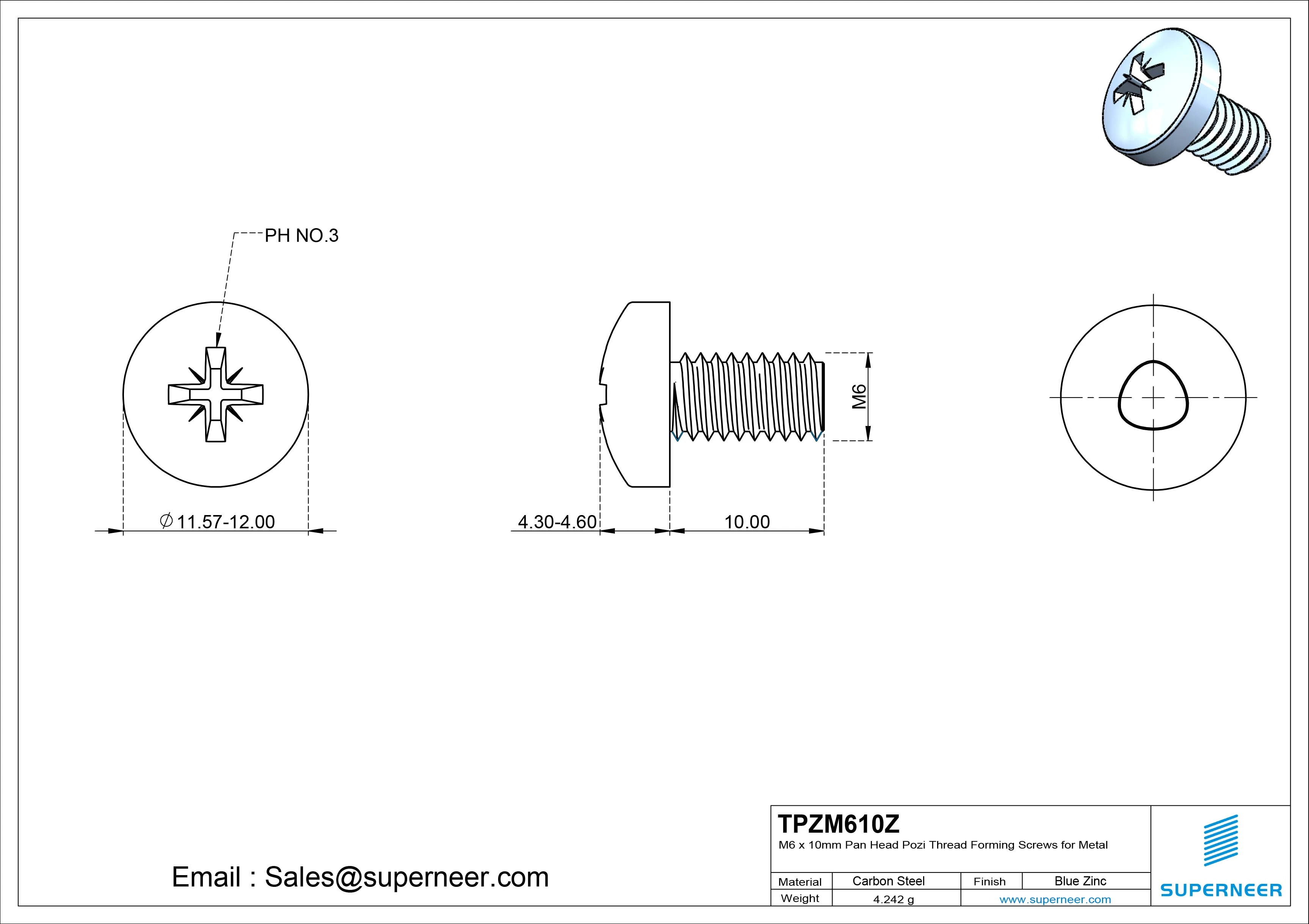 M6 &times; 10mm Pan Head Pozi Thread Forming Screws for Metal Steel Blue Zinc Plated