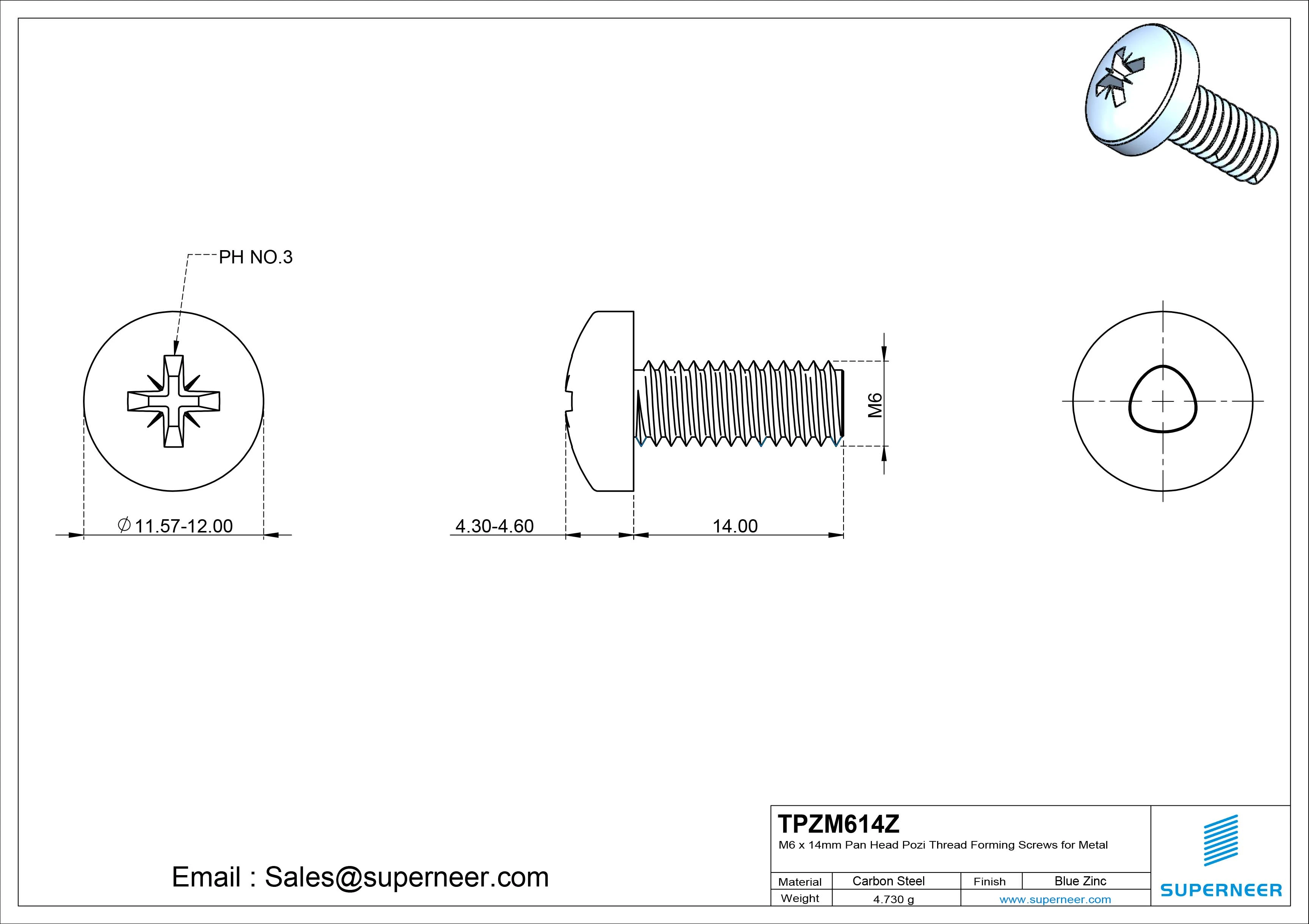 M6 &times; 14mm Pan Head Pozi Thread Forming Screws for Metal Steel Blue Zinc Plated