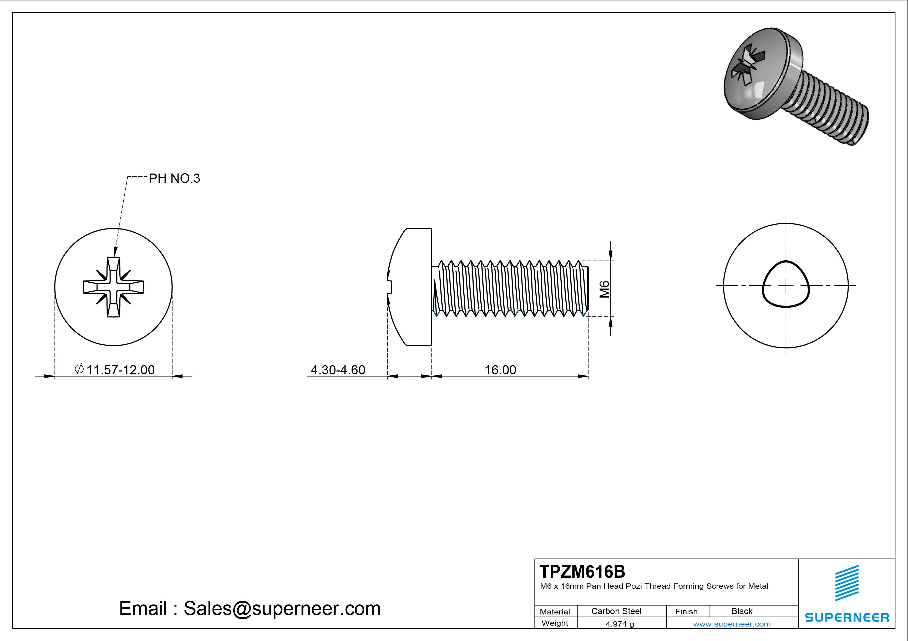 M6 &times; 16mm Pan Head Pozi Thread Forming Screws for Metal Steel Black