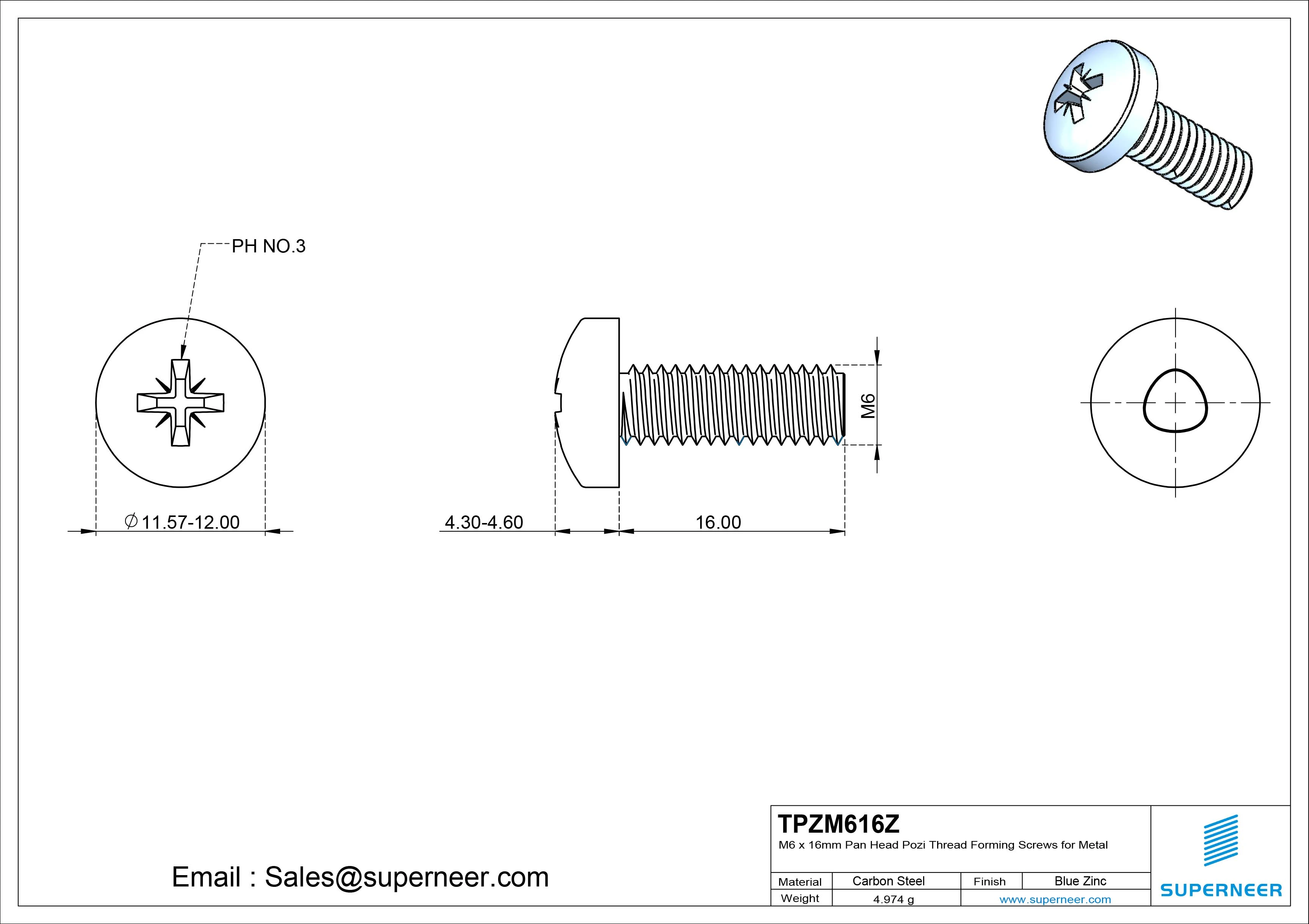 M6 &times; 16mm Pan Head Pozi Thread Forming Screws for Metal Steel Blue Zinc Plated