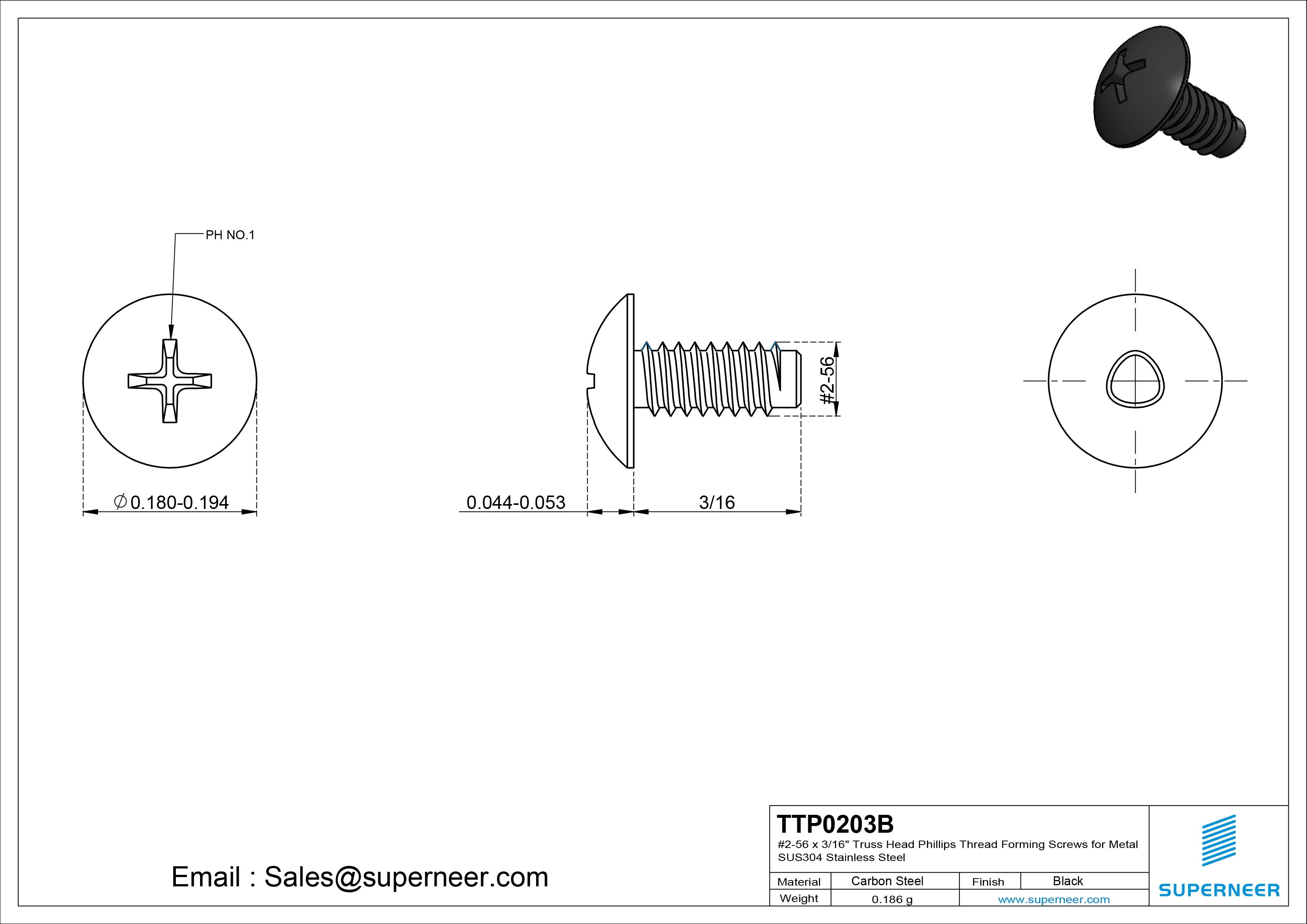 2-56 &times; 3/16 Truss Head Phillips Thread Forming  Screws for Metal  Steel Black