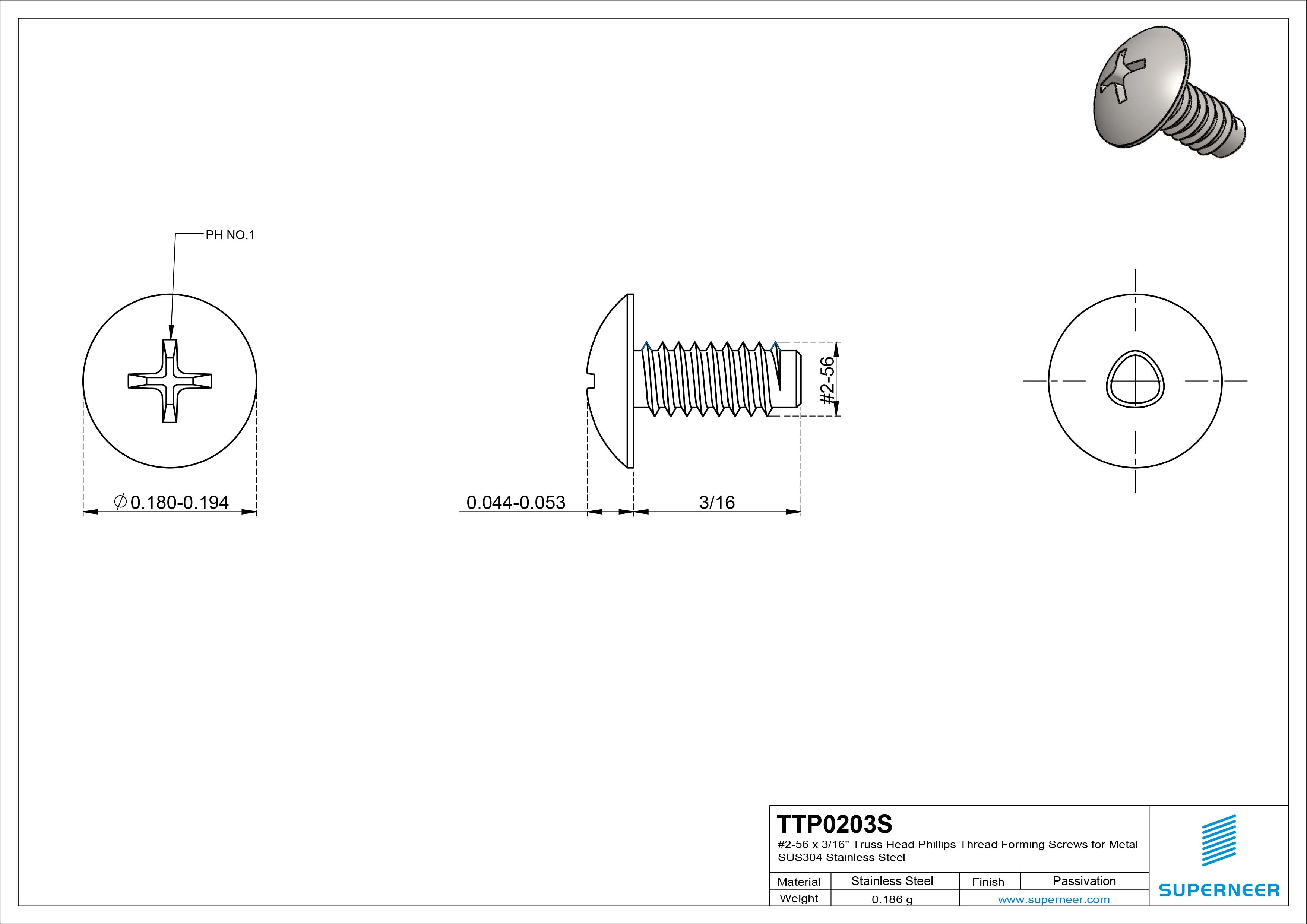 2-56 &times; 3/16 Truss Head Phillips Thread Forming  Screws for Metal  SUS304 Stainless Steel Inox