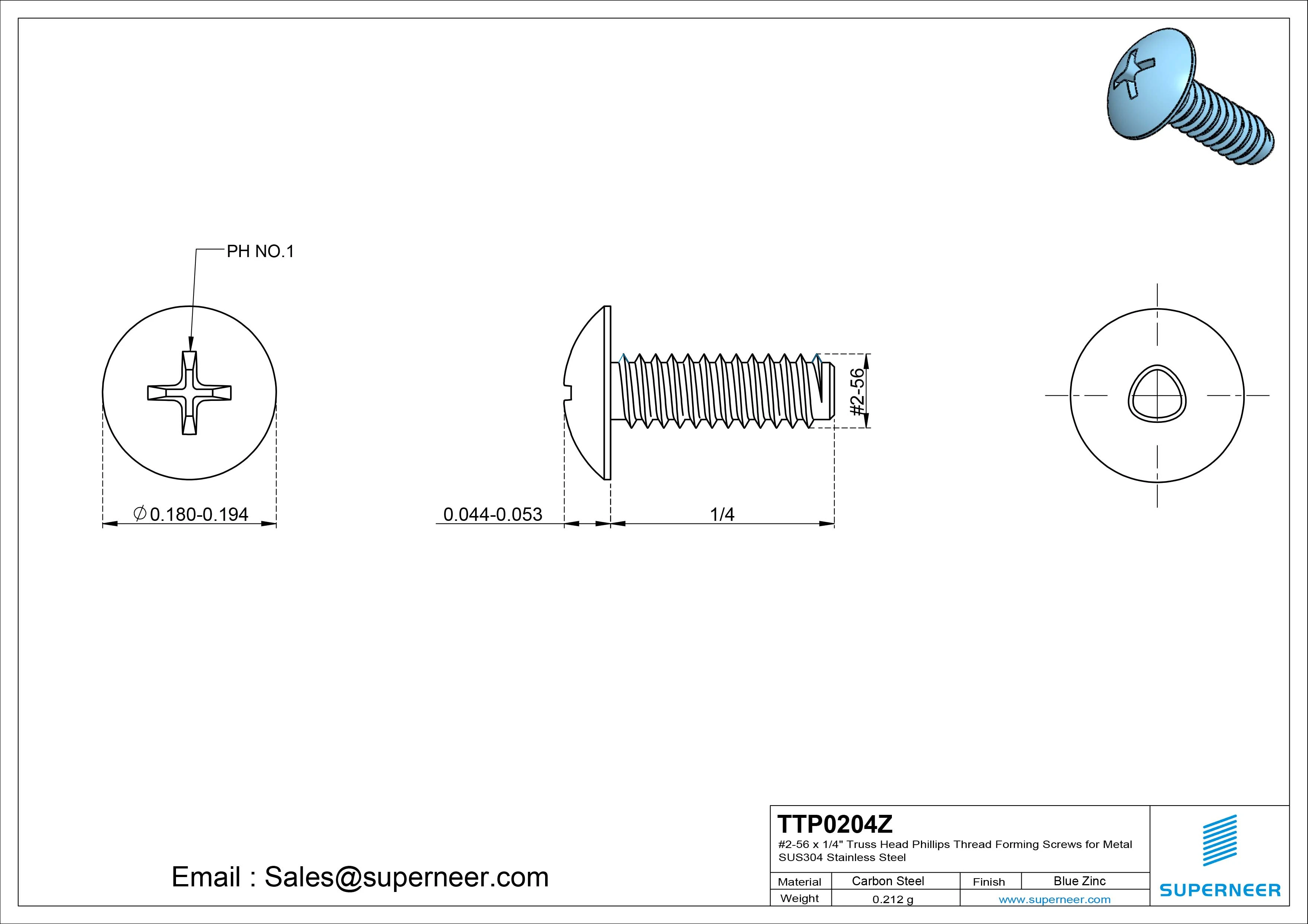 2-56 &times; 1/4 Truss Head Phillips Thread Forming  Screws for Metal  Steel Blue Zinc Plated