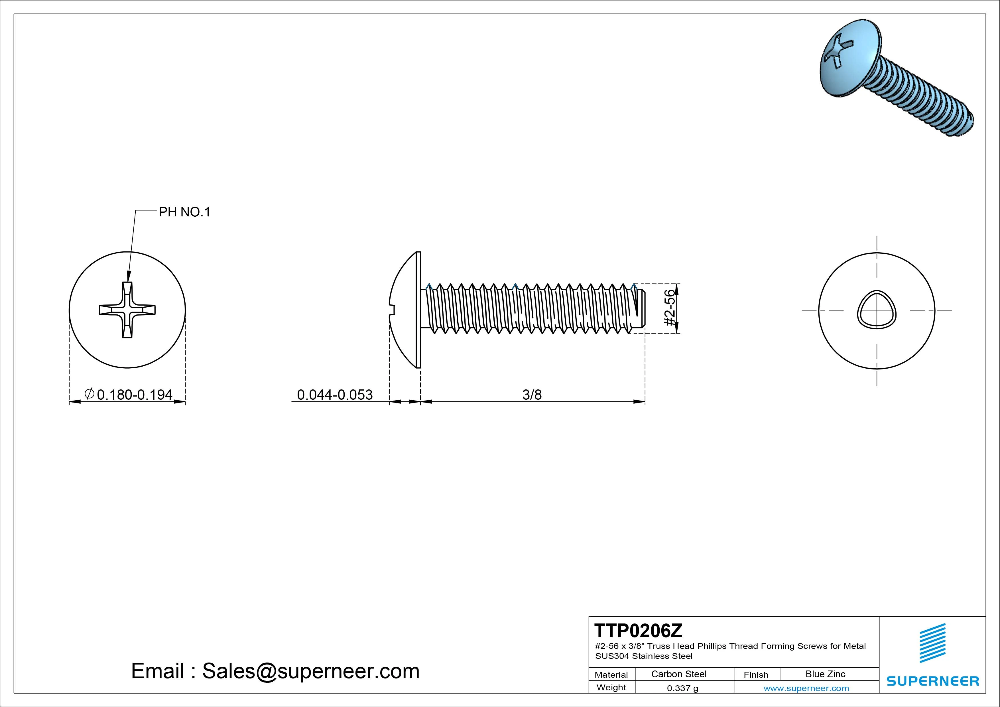 2-56 &times; 3/8 Truss Head Phillips Thread Forming  Screws for Metal  Steel Blue Zinc Plated