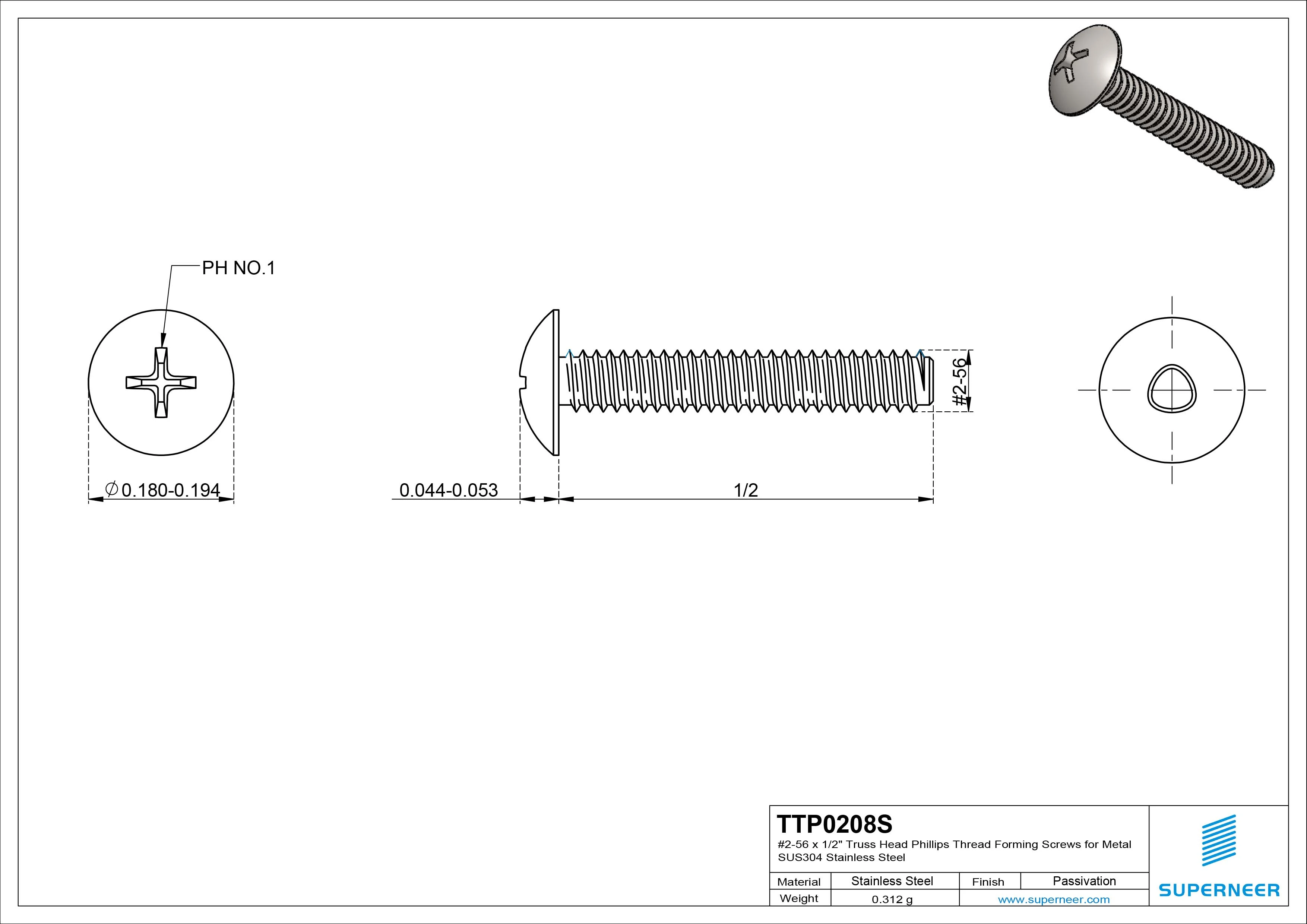 2-56 &times; 1/2 Truss Head Phillips Thread Forming  Screws for Metal  SUS304 Stainless Steel Inox