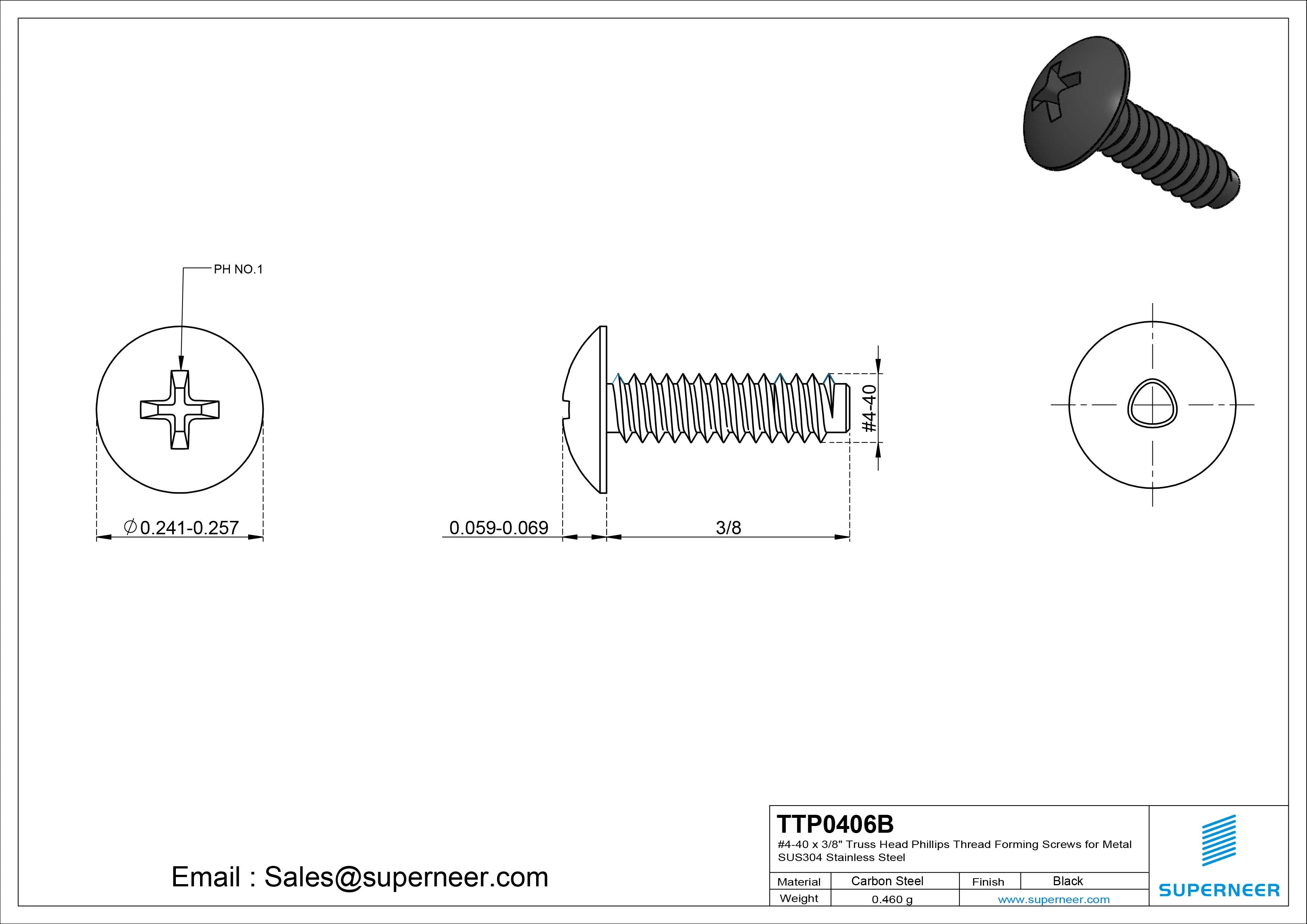 4-40 &times; 3/8 Truss Head Phillips Thread Forming  Screws for Metal  Steel Black