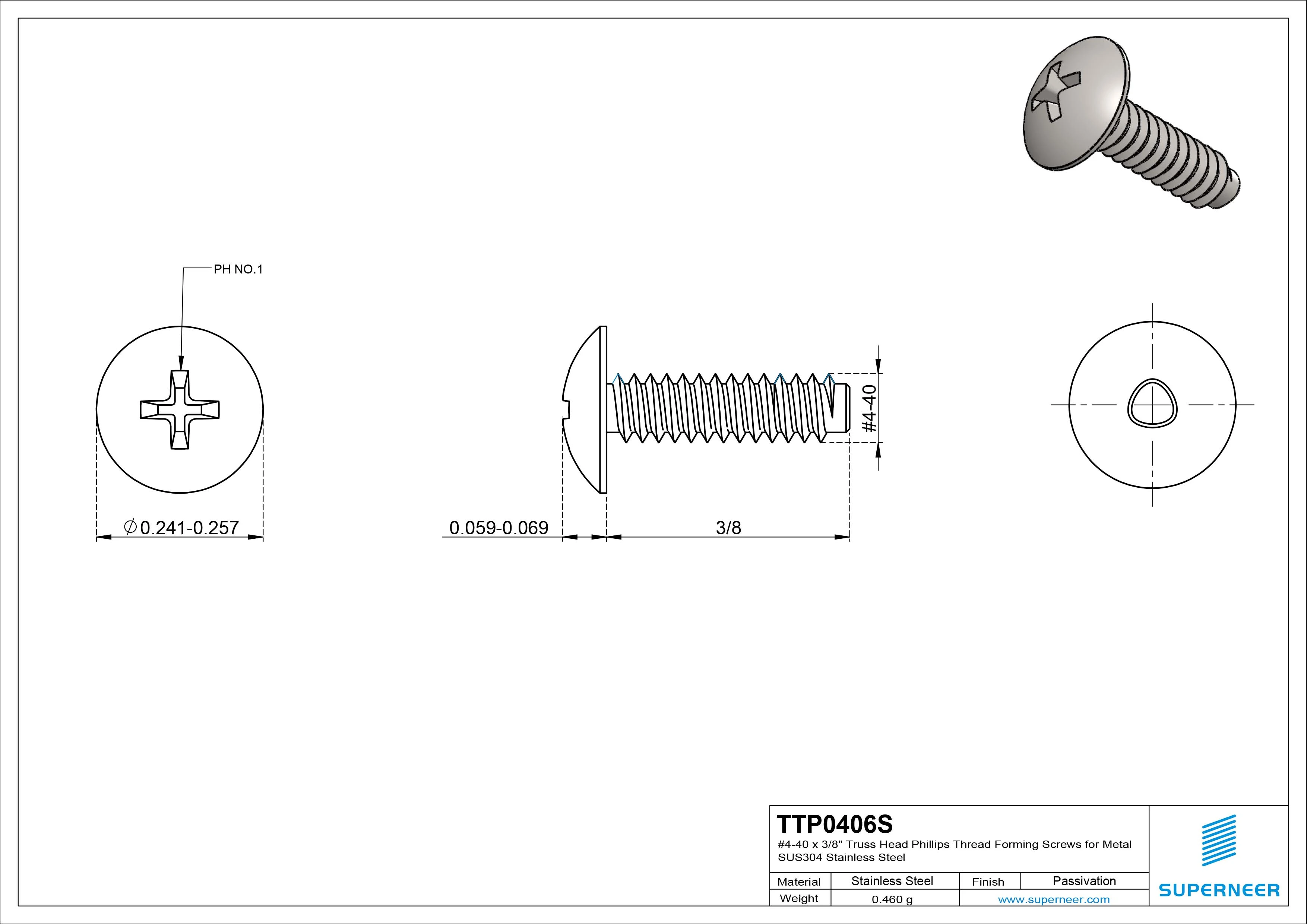 4-40 &times; 3/8 Truss Head Phillips Thread Forming  Screws for Metal  SUS304 Stainless Steel Inox