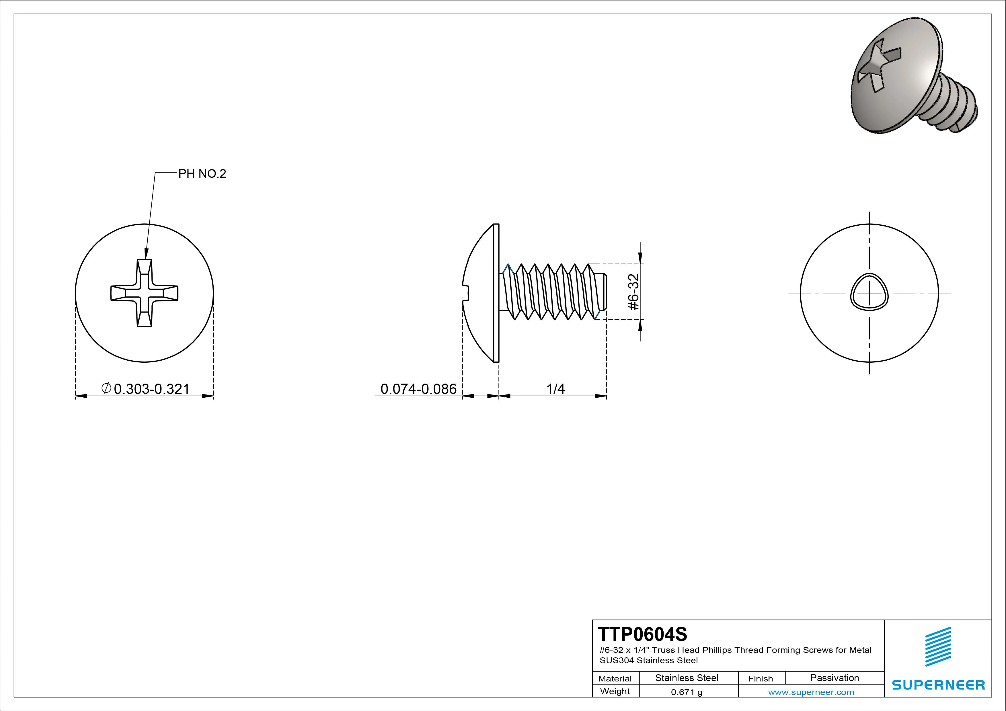6-32 &times; 1/4 Truss Head Phillips Thread Forming  Screws for Metal  SUS304 Stainless Steel Inox