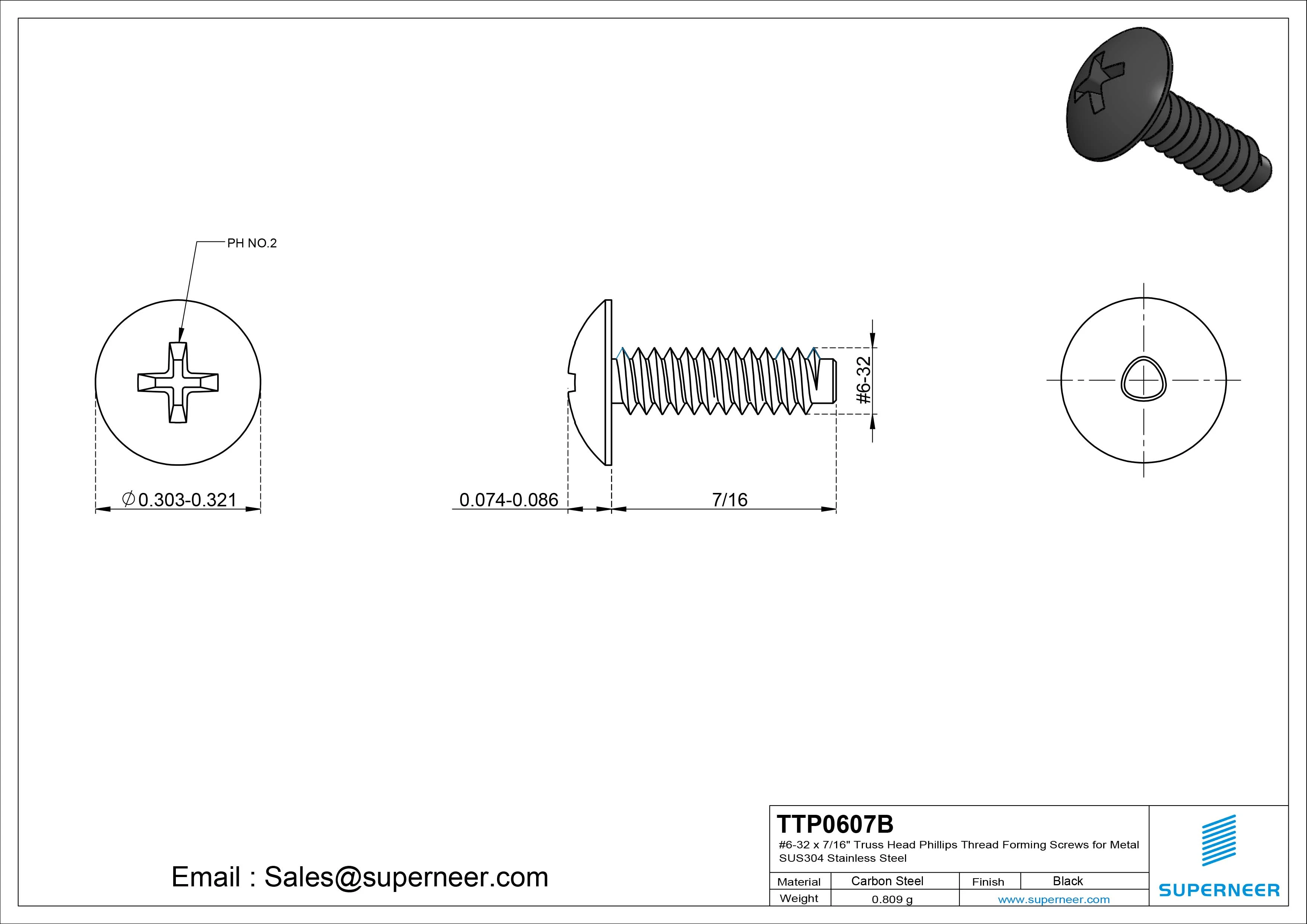 6-32 &times; 7/16 Truss Head Phillips Thread Forming  Screws for Metal  Steel Black