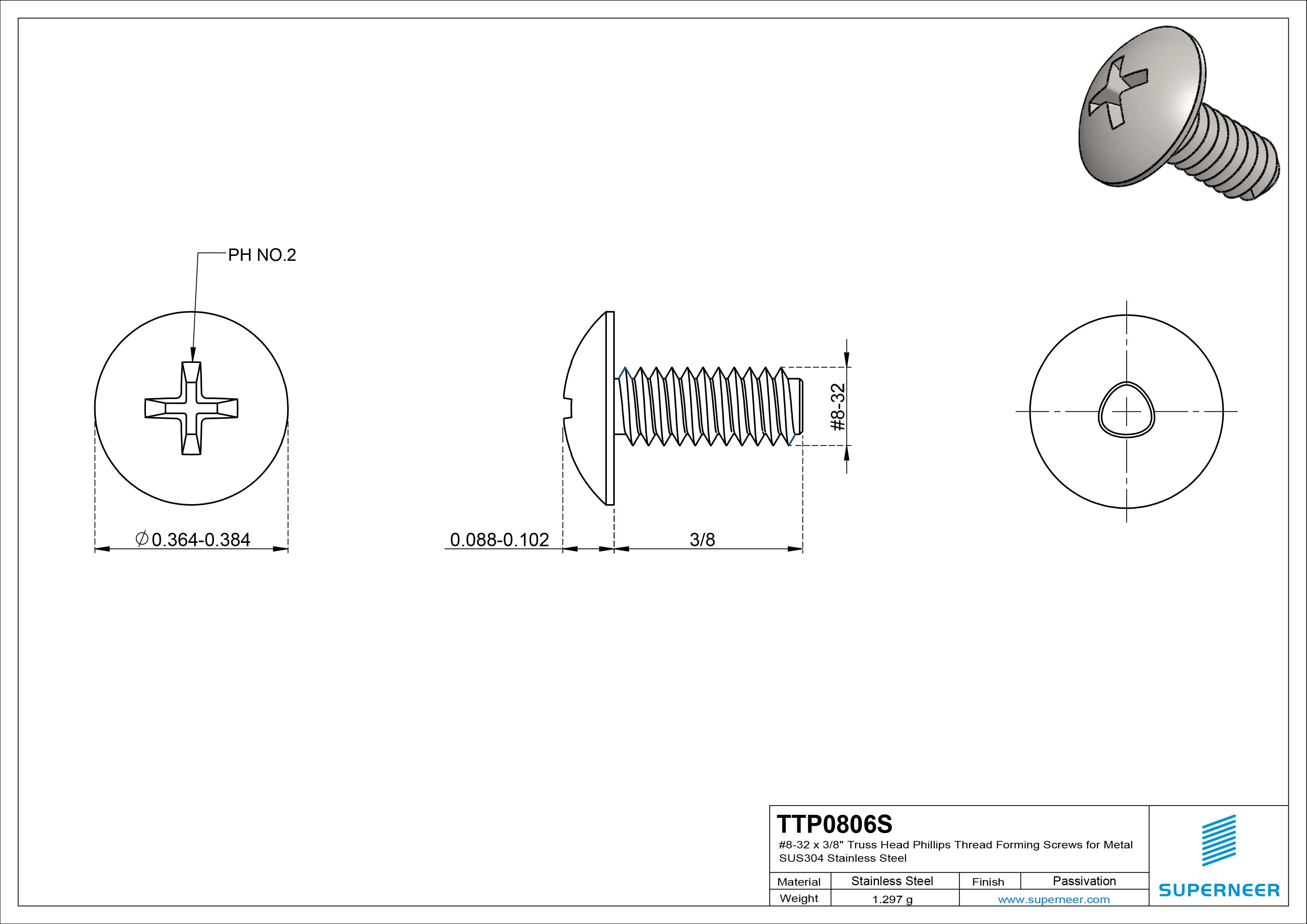 8-32 &times; 3/8 Truss Head Phillips Thread Forming  Screws for Metal  SUS304 Stainless Steel Inox
