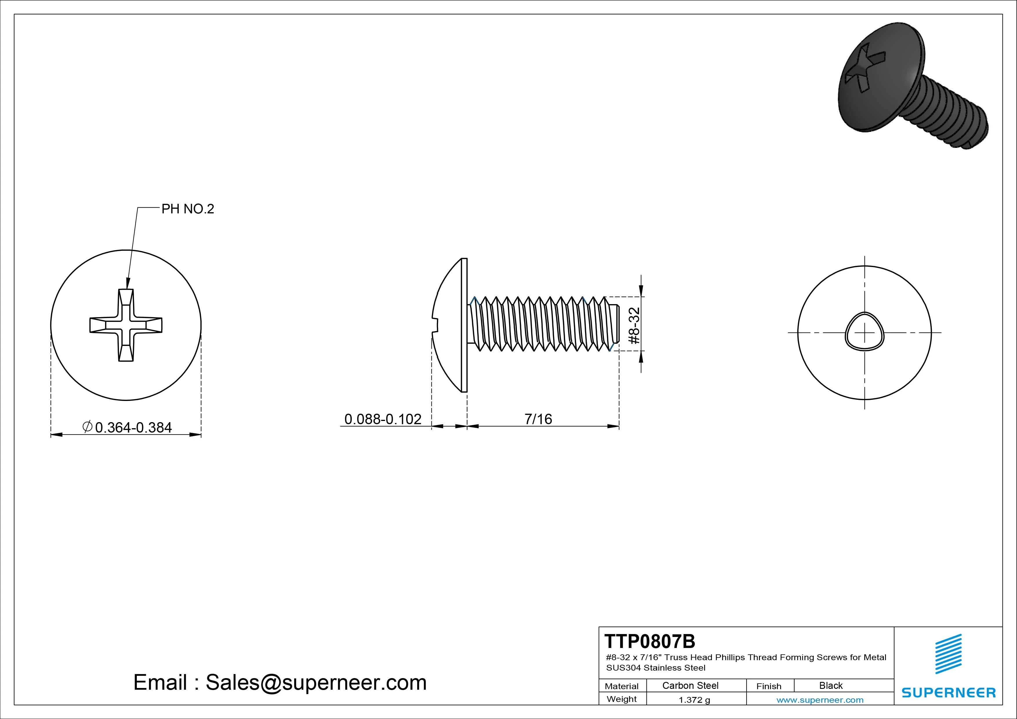 8-32 &times; 7/16 Truss Head Phillips Thread Forming  Screws for Metal  Steel Black