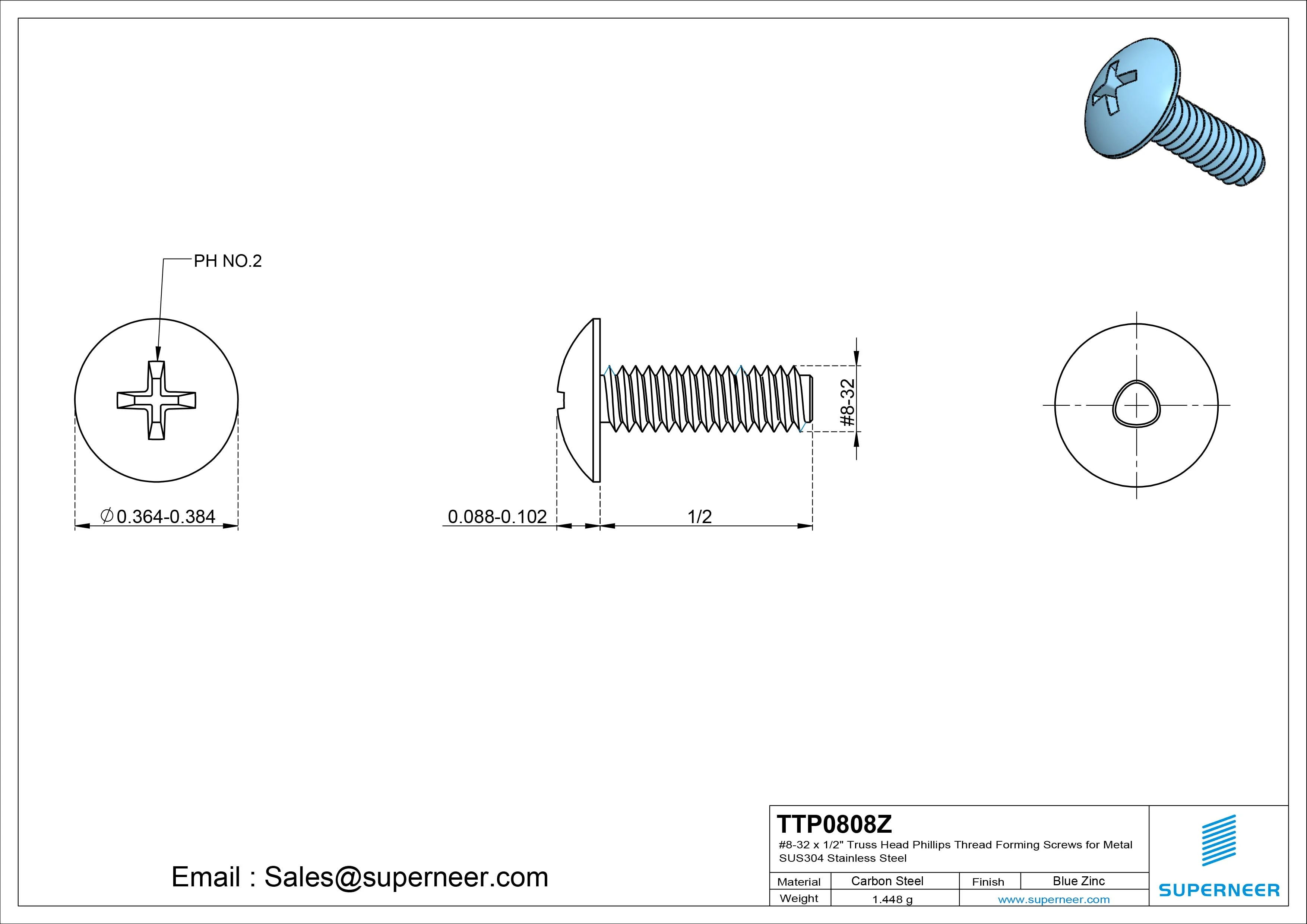 8-32 &times; 1/2 Truss Head Phillips Thread Forming  Screws for Metal  Steel Blue Zinc Plated