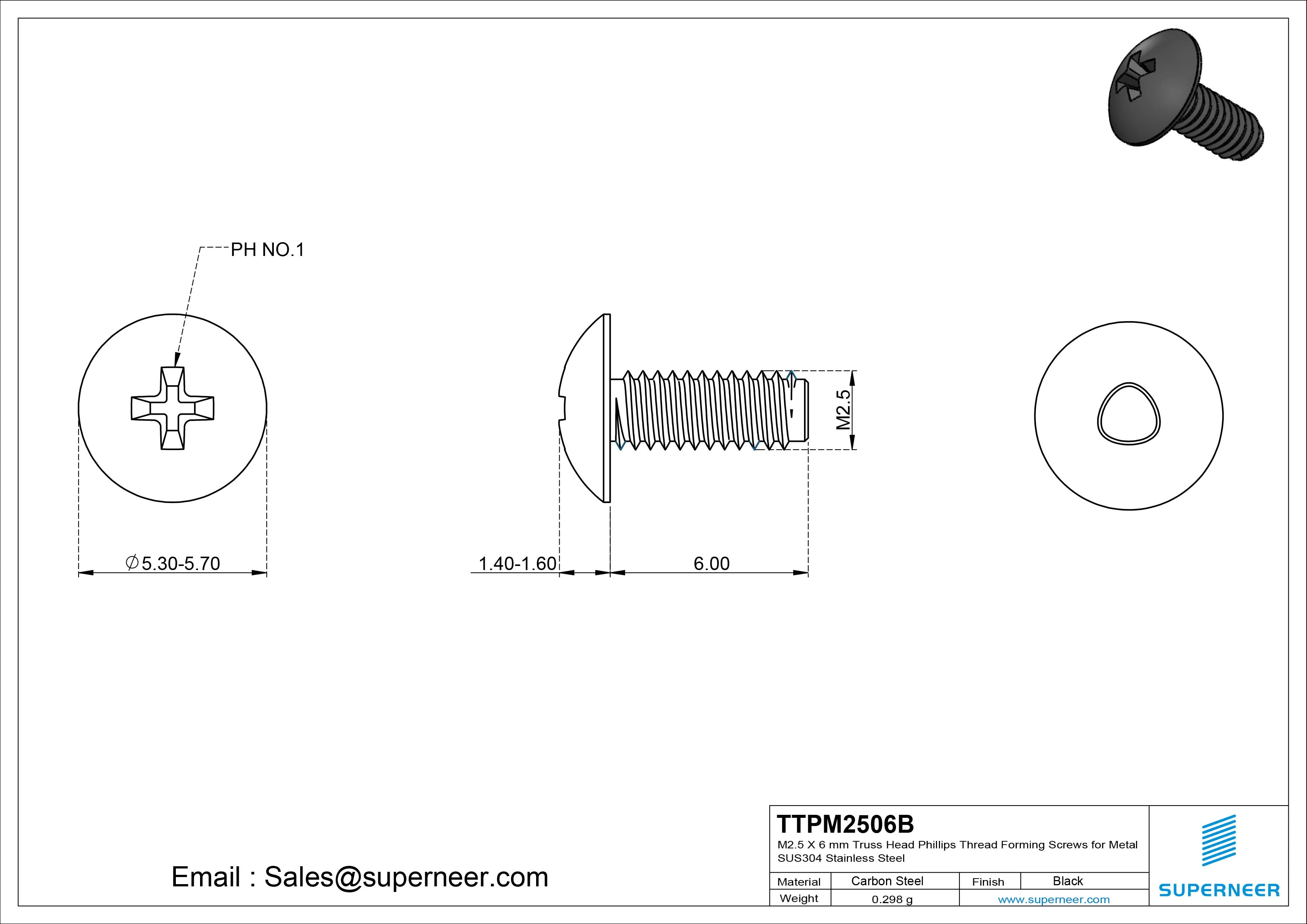 M2.5 &times; 6mm Truss Head Phillips Thread Forming Screws for Metal Steel Black