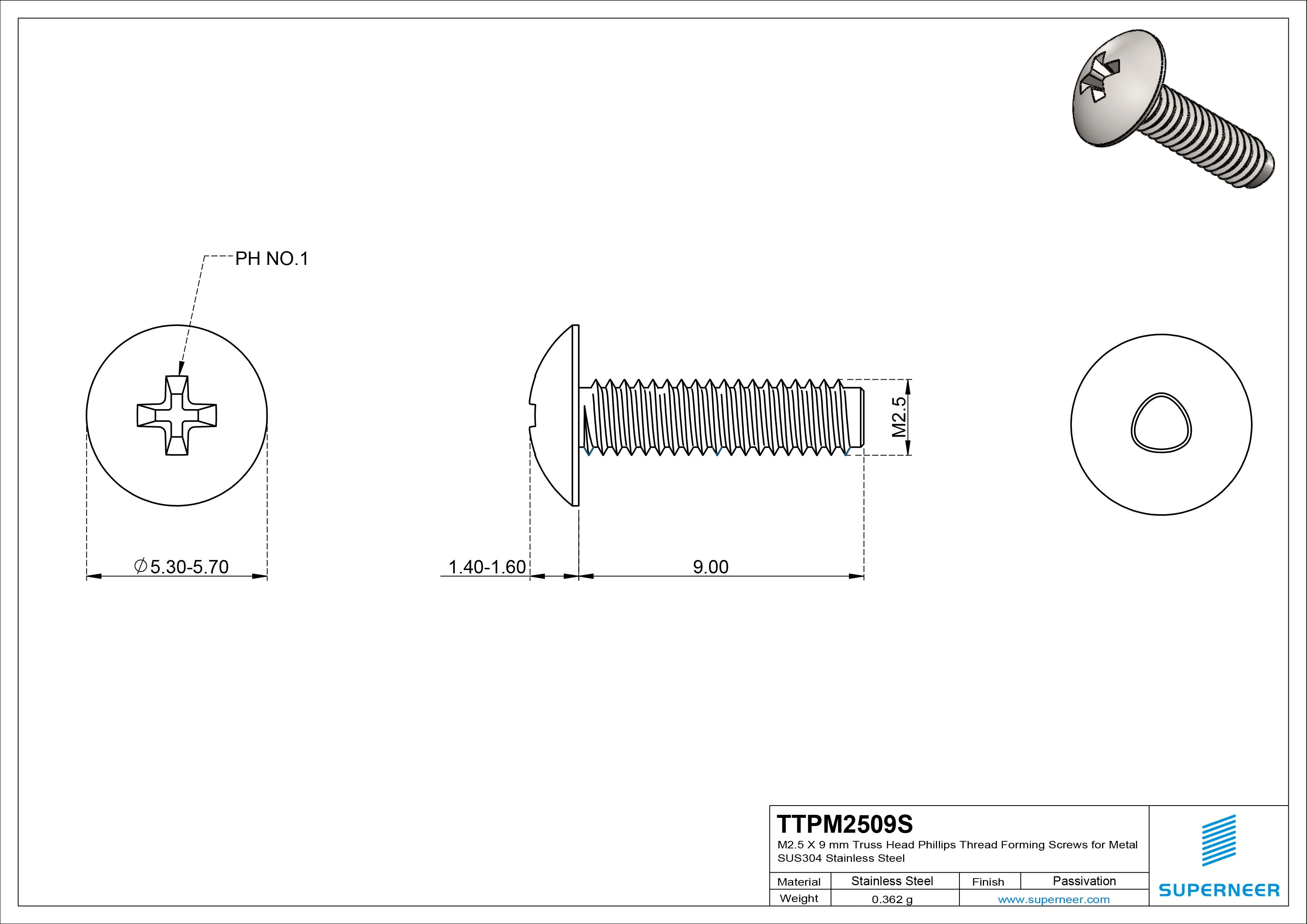 M2.5 &times; 9mm Truss Head Phillips Thread Forming Screws for Metal SUS304 Stainless Steel Inox