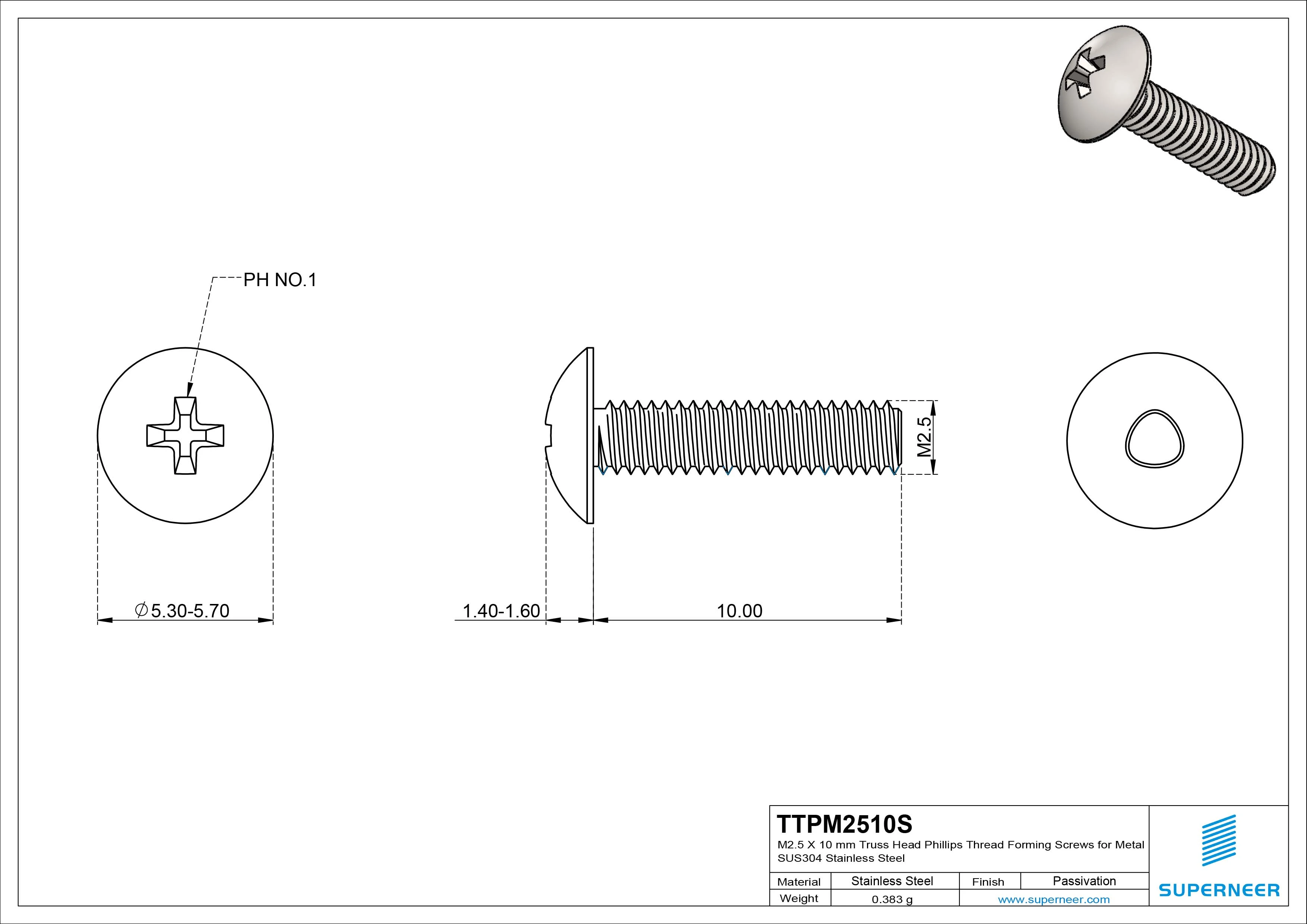 M2.5 &times; 10mm Truss Head Phillips Thread Forming Screws for Metal SUS304 Stainless Steel Inox