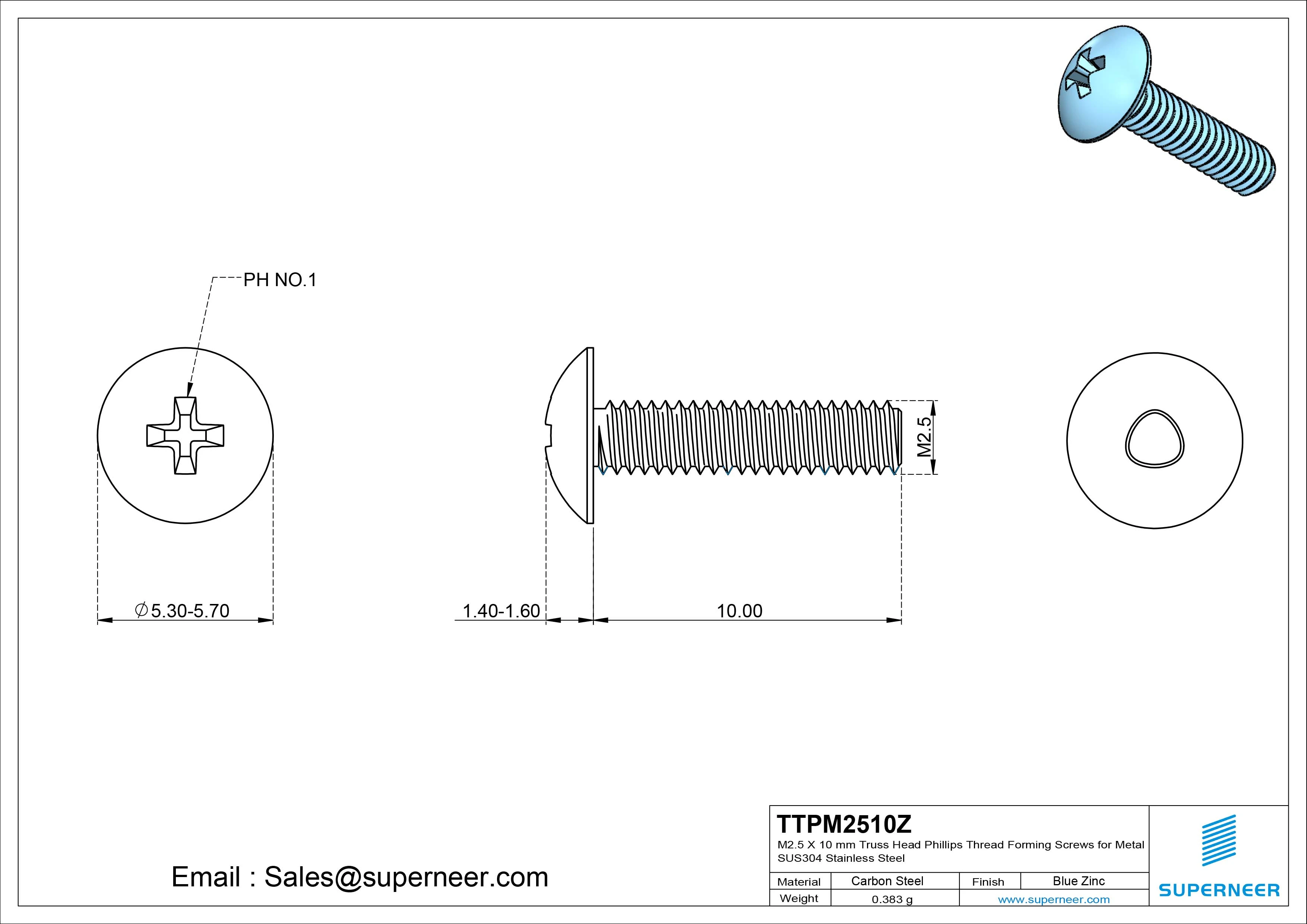 M2.5 &times; 10mm Truss Head Phillips Thread Forming Screws for Metal Steel Blue Zinc Plated