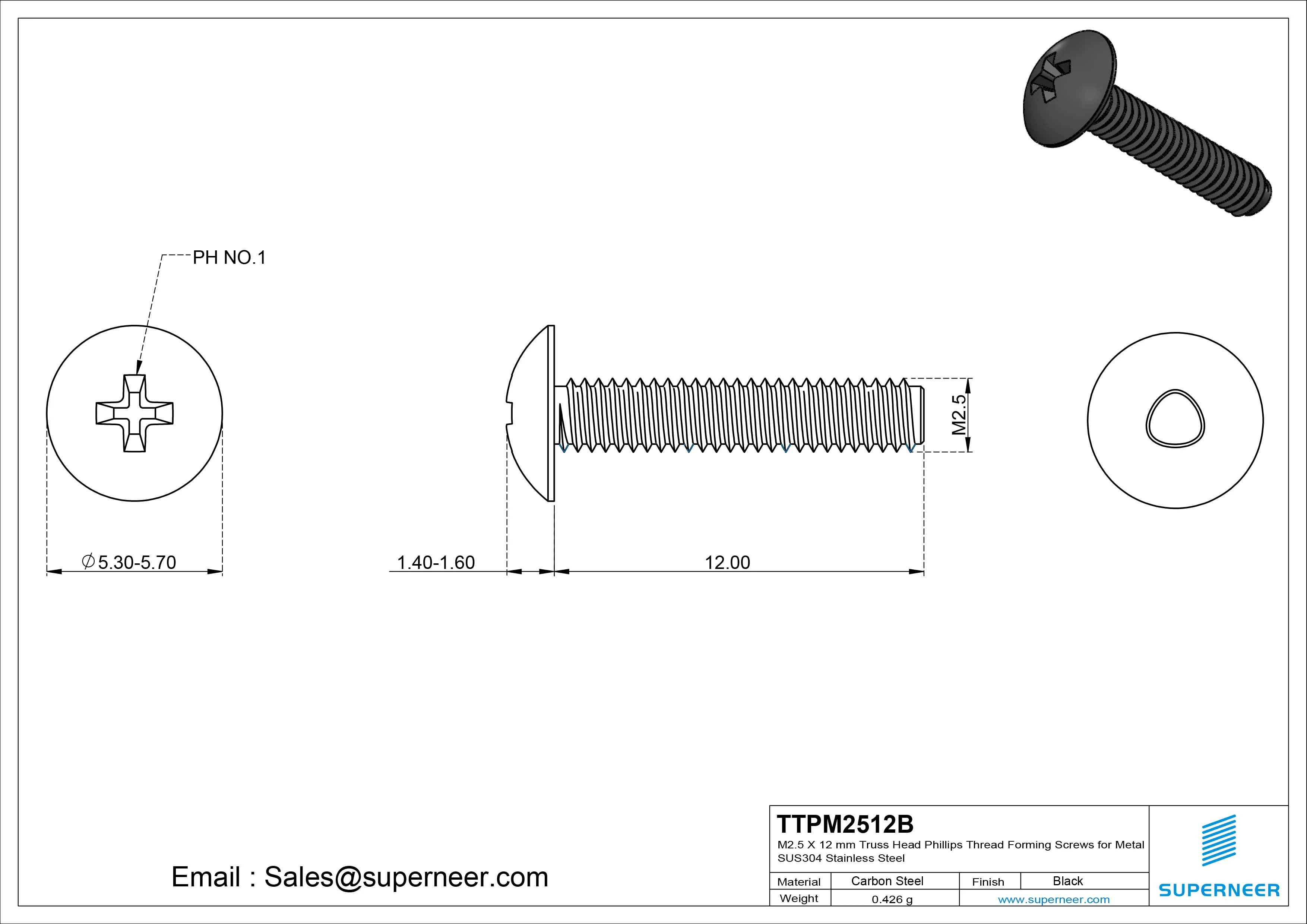 M2.5 &times; 12mm Truss Head Phillips Thread Forming Screws for Metal Steel Black