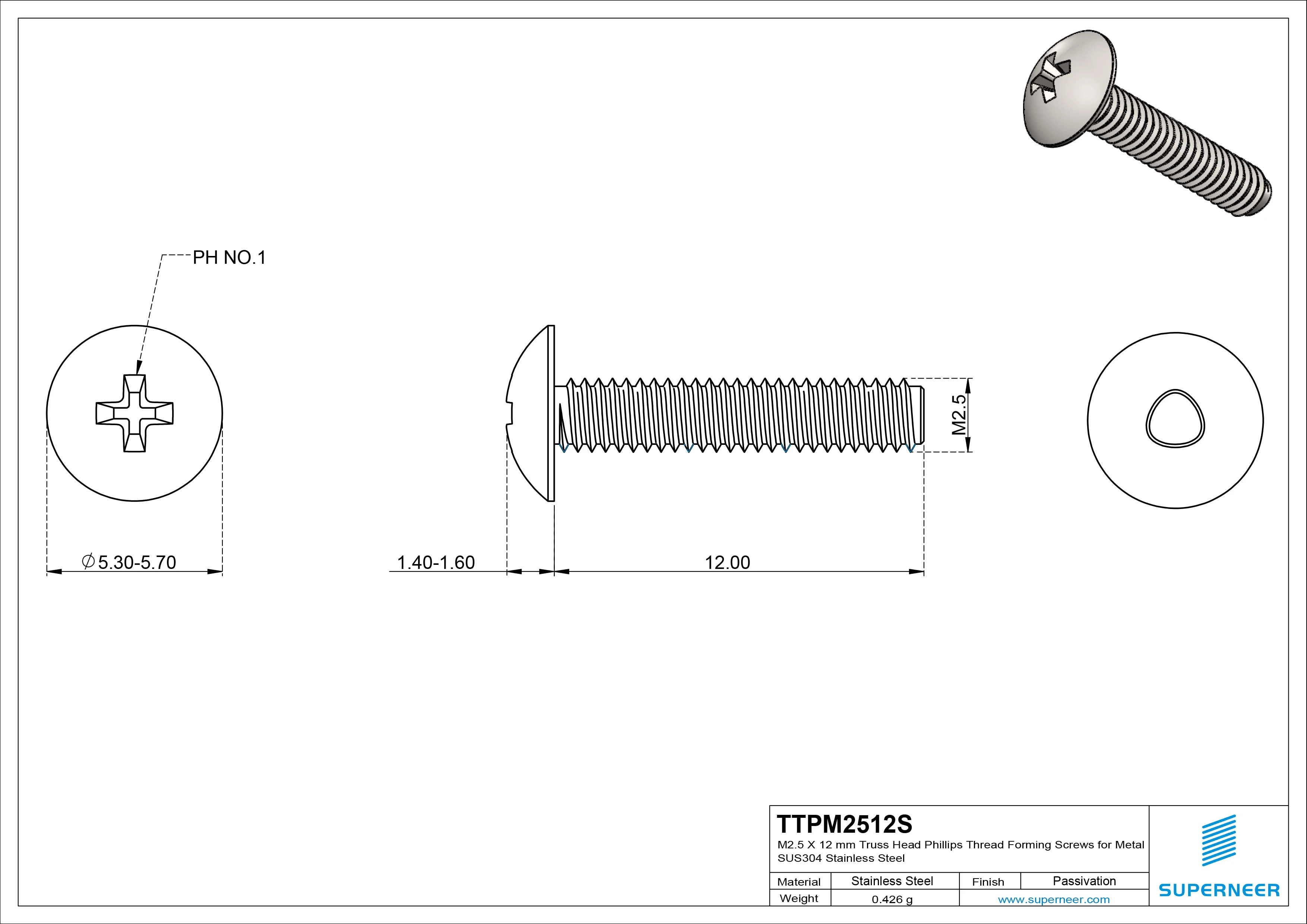 M2.5 &times; 12mm Truss Head Phillips Thread Forming Screws for Metal SUS304 Stainless Steel Inox