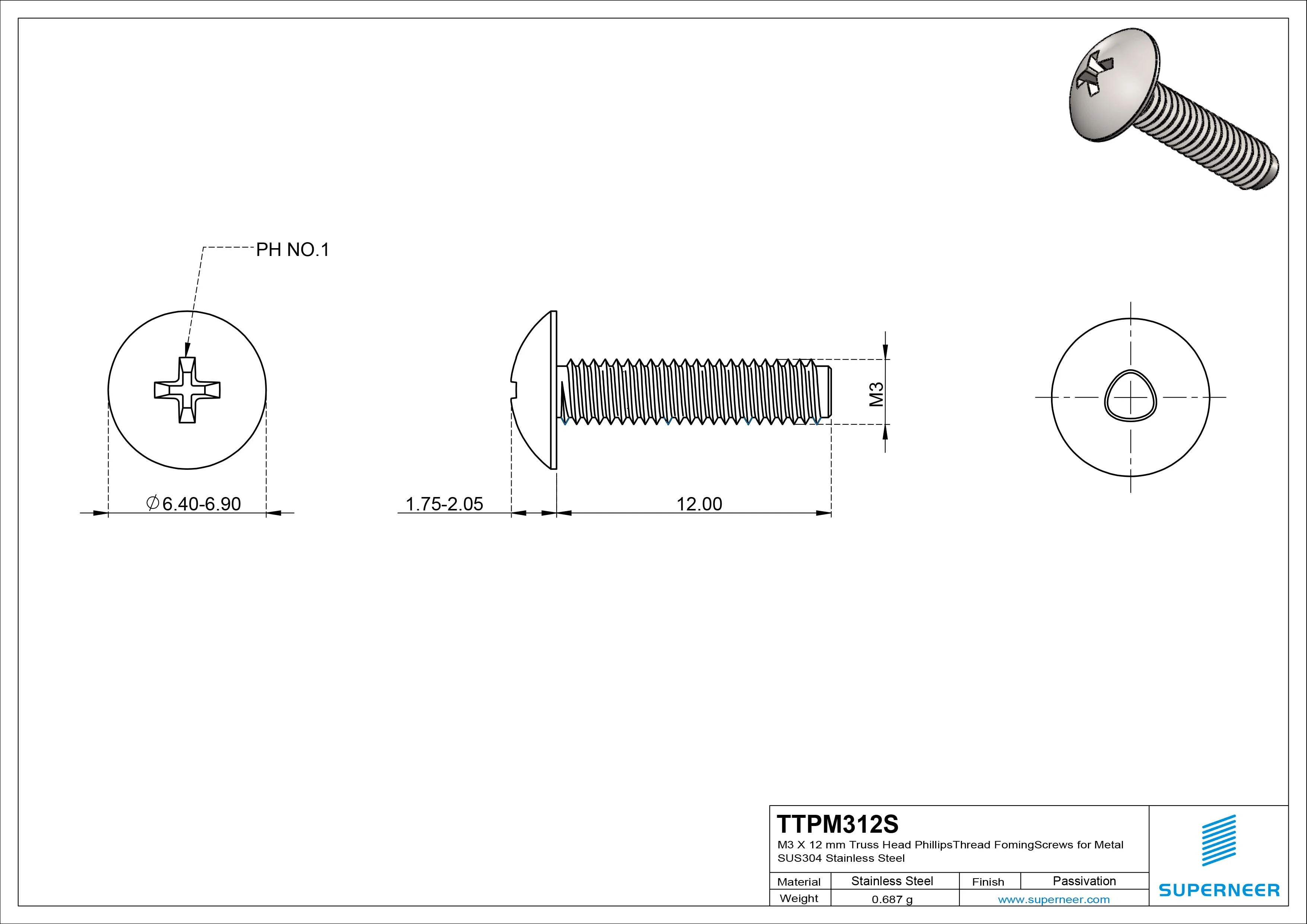 M3 &times; 12mm Truss Head Phillips Thread Forming Screws for Metal SUS304 Stainless Steel Inox