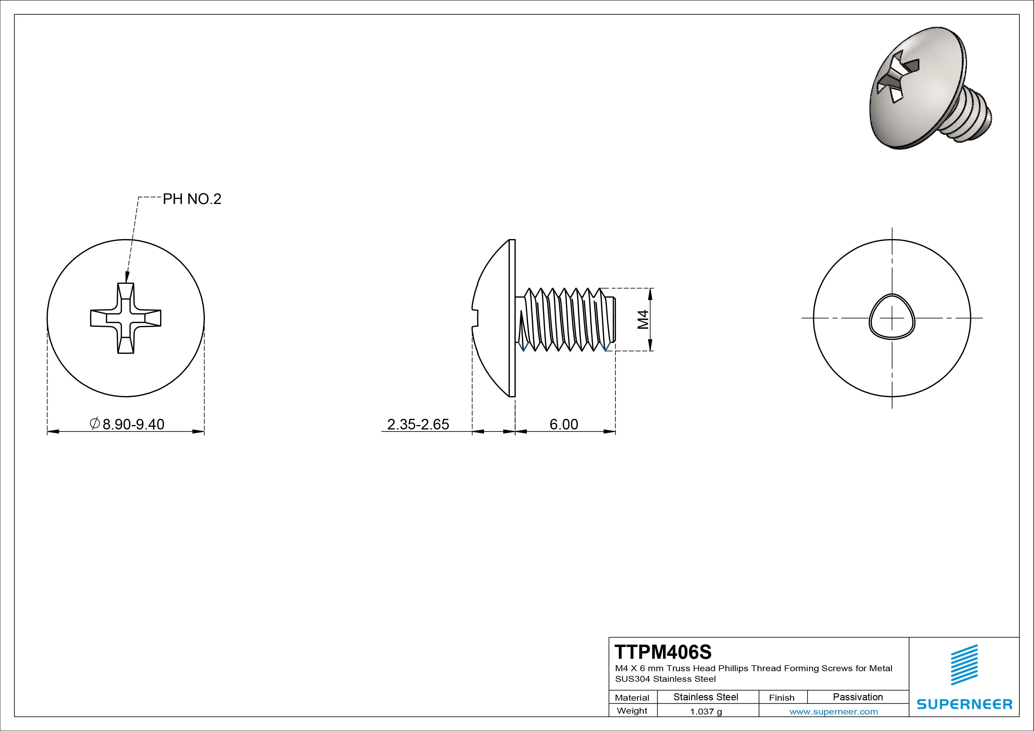M4 &times; 6mm Truss Head Phillips Thread Forming Screws for Metal SUS304 Stainless Steel Inox