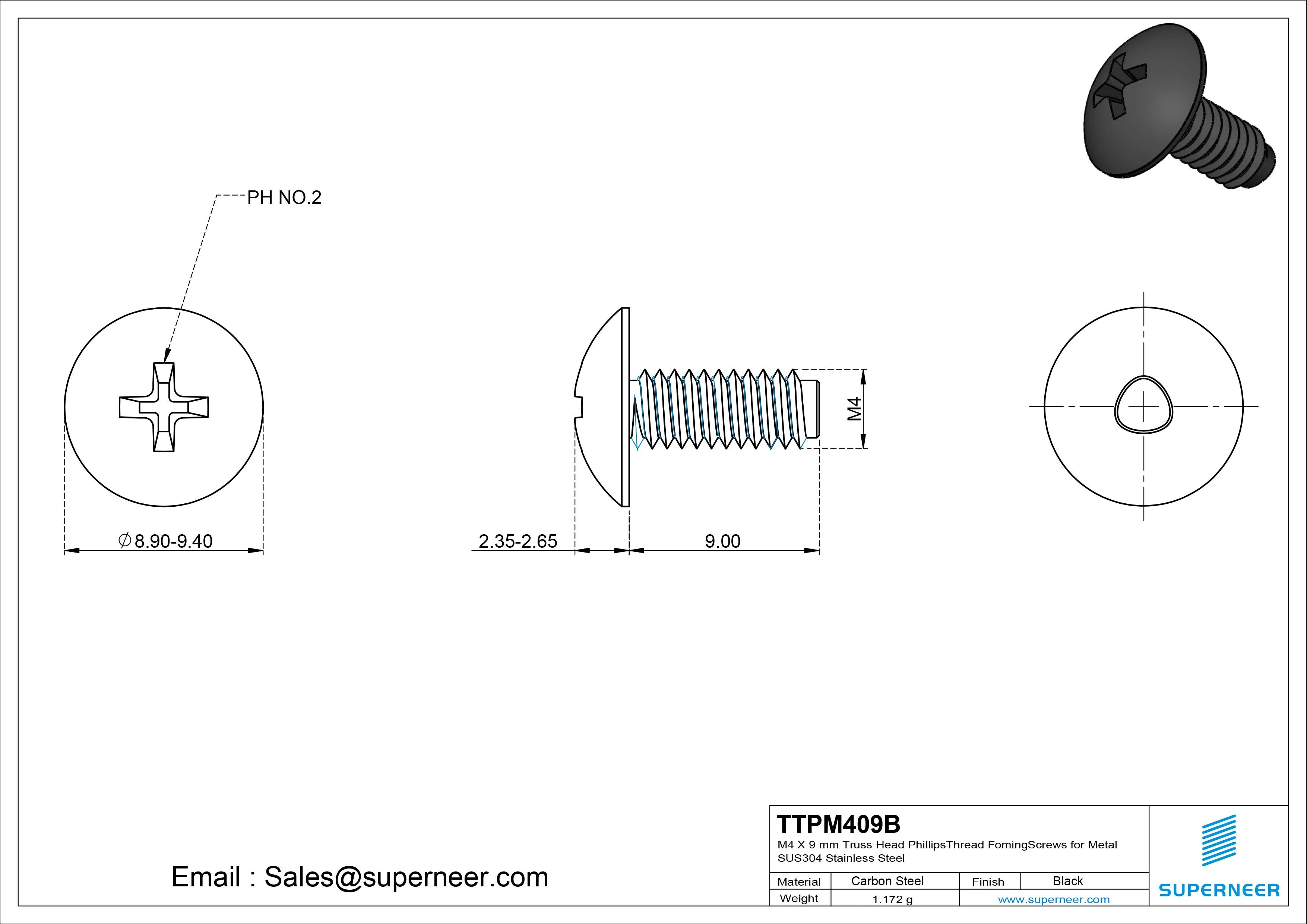 M4 &times; 9mm Truss Head Phillips Thread Forming Screws for Metal Steel Black