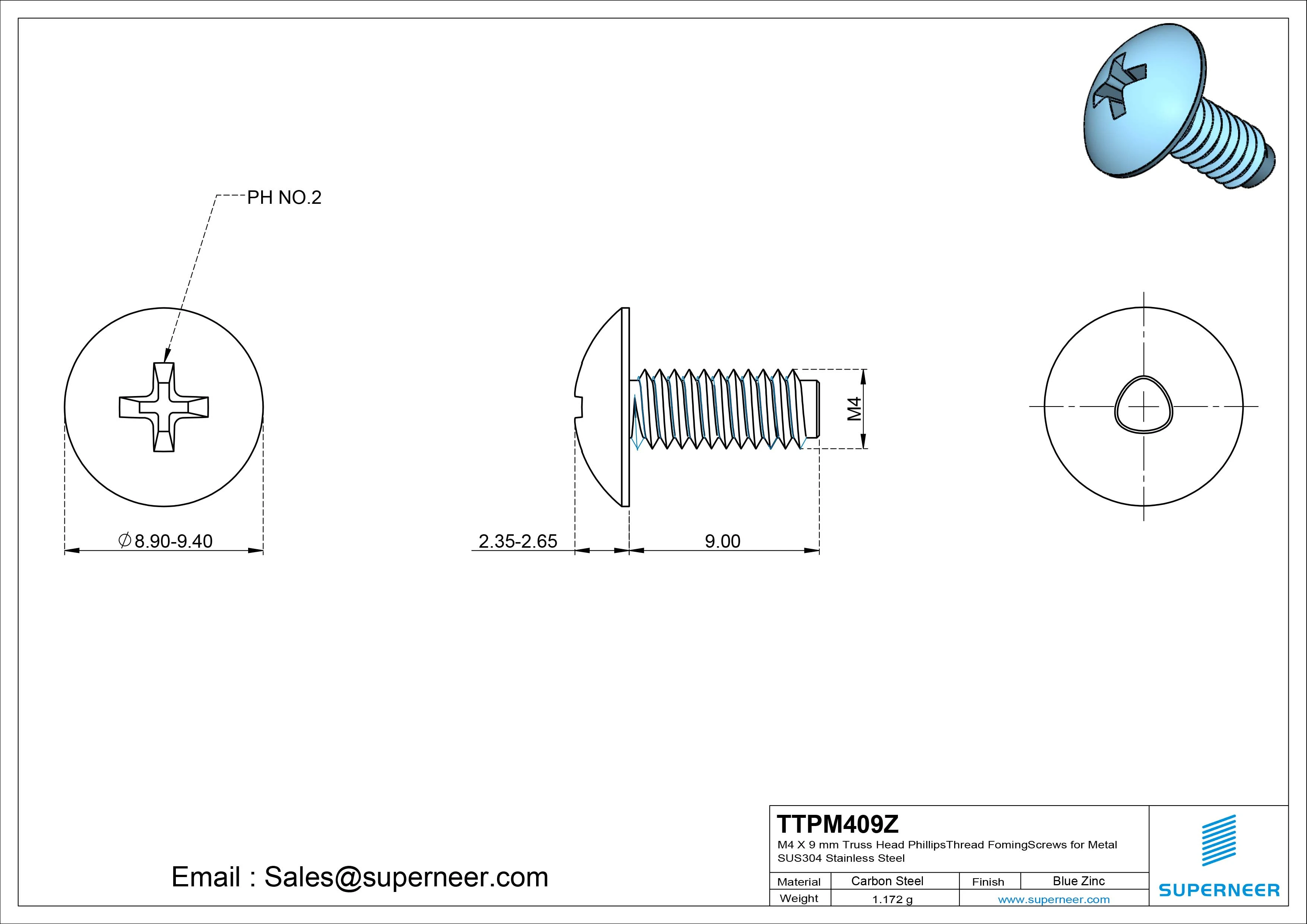 M4 &times; 9mm Truss Head Phillips Thread Forming Screws for Metal Steel Blue Zinc Plated