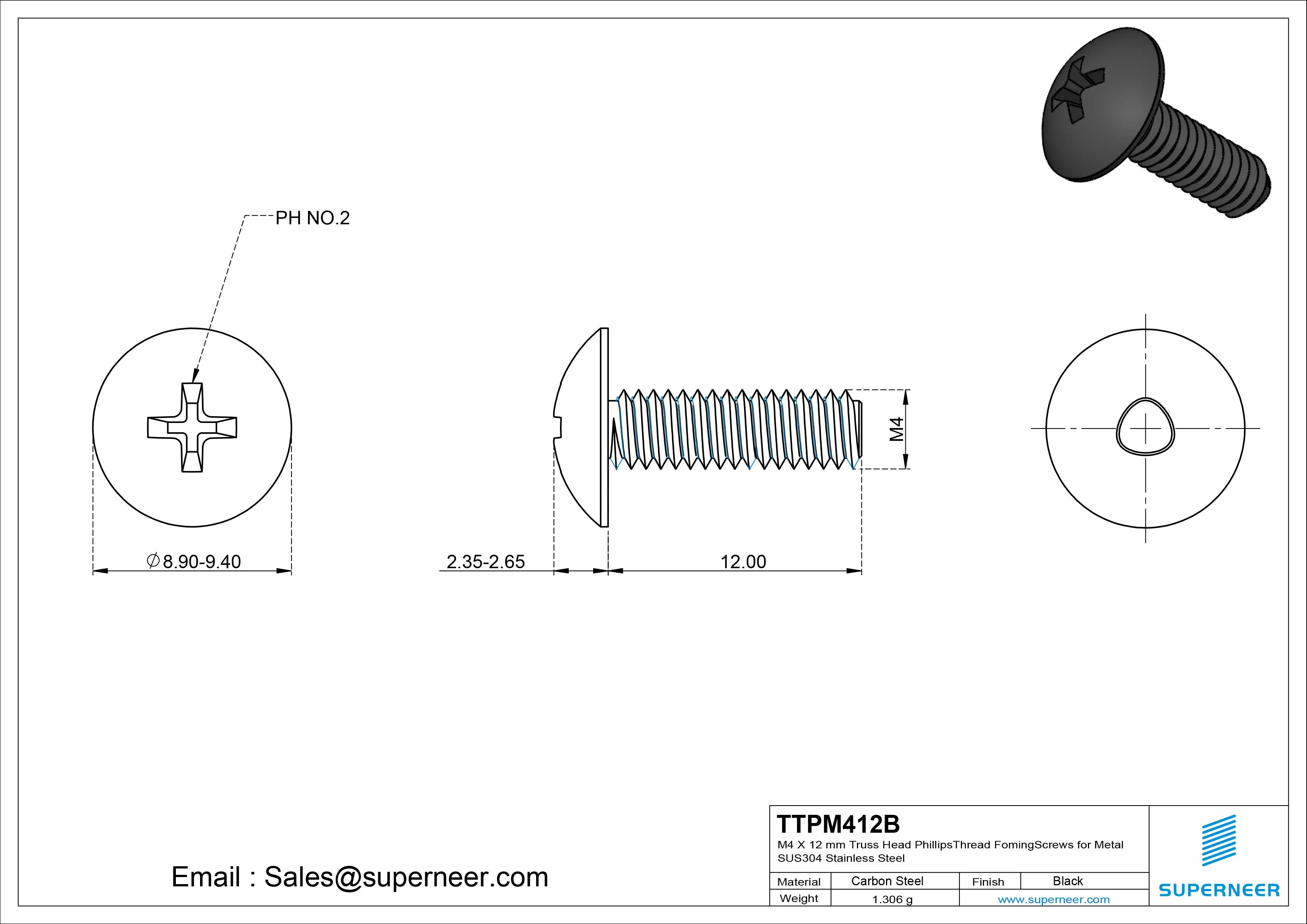 M4 &times; 12mm Truss Head Phillips Thread Forming Screws for Metal Steel Black