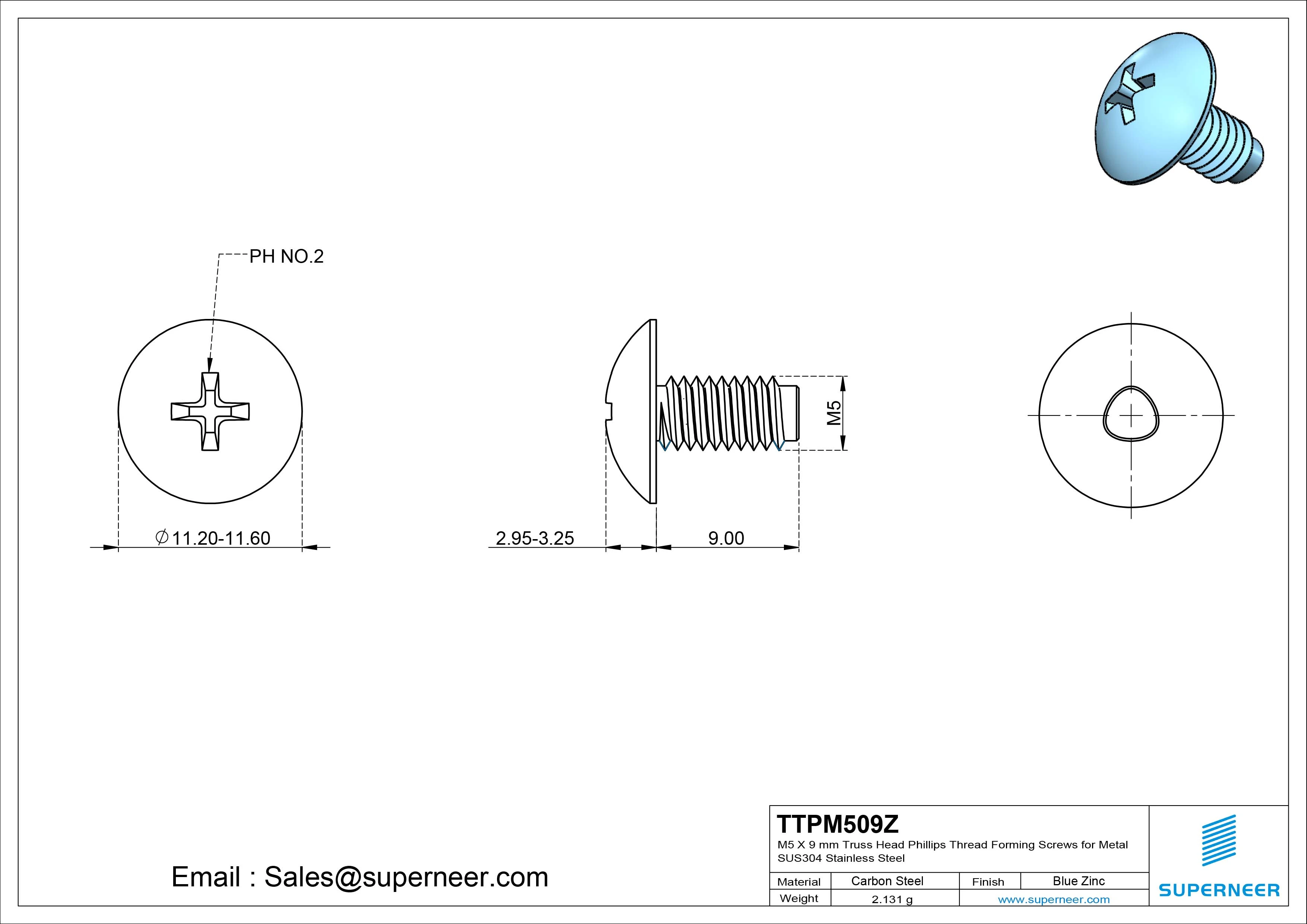 M5 &times; 9mm Truss Head Phillips Thread Forming Screws for Metal Steel Blue Zinc Plated