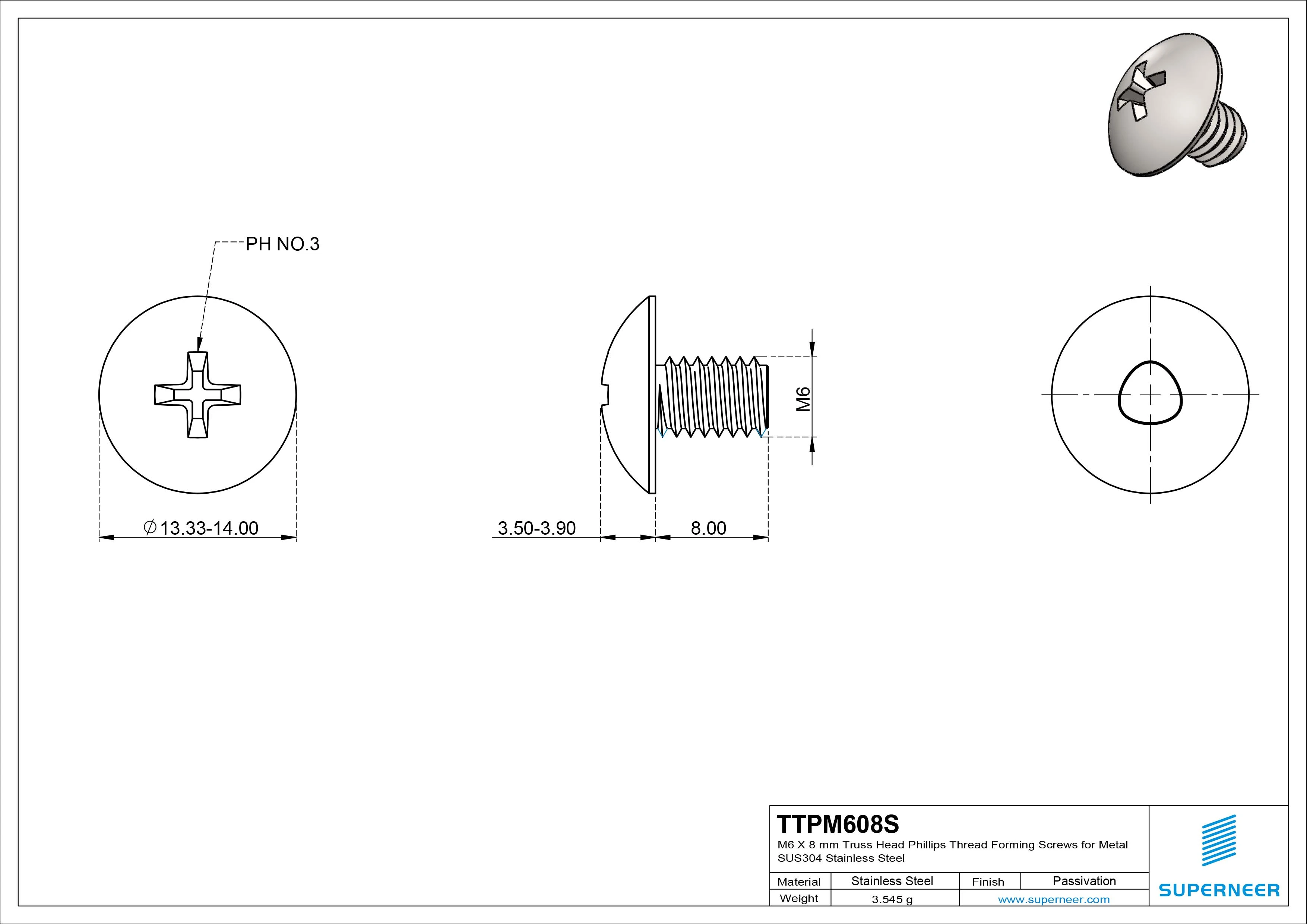 M6 &times; 8mm Truss Head Phillips Thread Forming Screws for Metal SUS304 Stainless Steel Inox