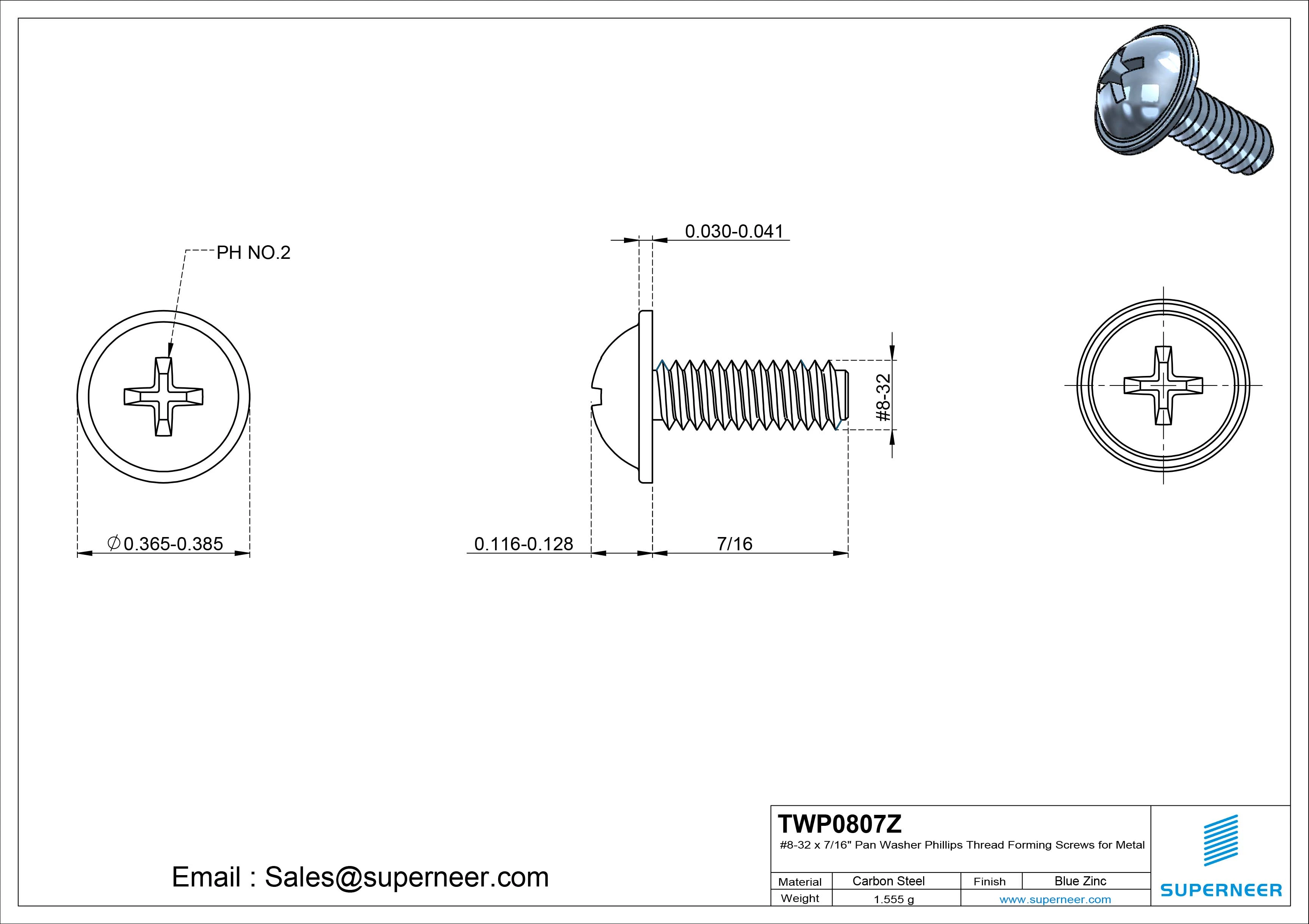 8-32 &times; 7/16 Pan Washer Phillips Thread Forming  Screws for Metal  Steel Blue Zinc Plated