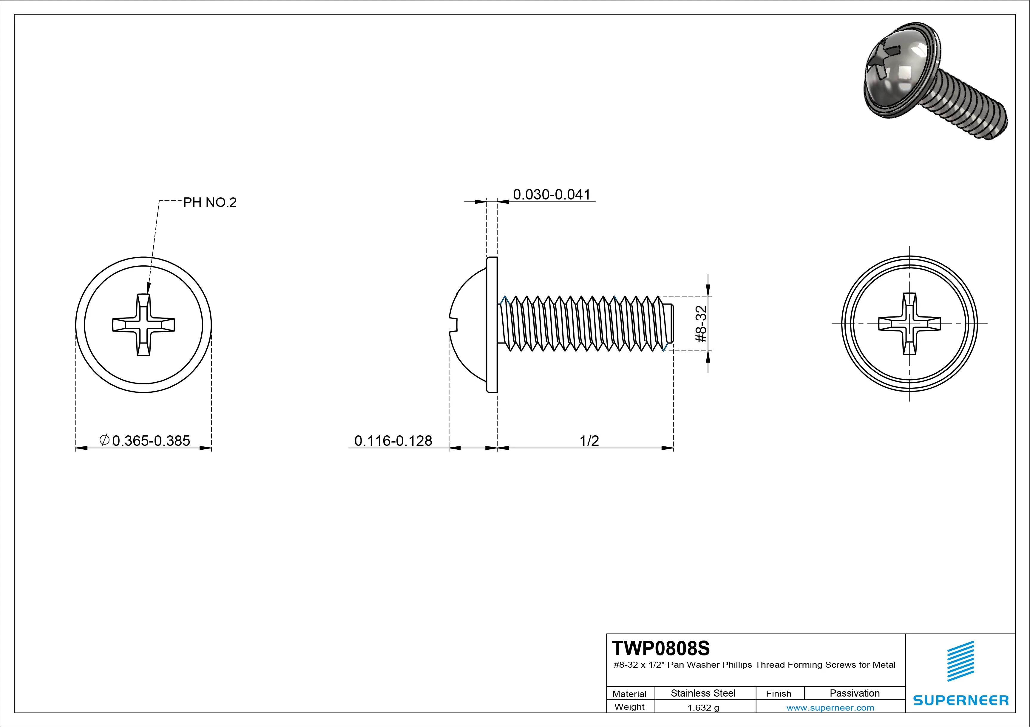 8-32 &times; 1/2 Pan Washer Phillips Thread Forming  Screws for Metal  SUS304 Stainless Steel Inox
