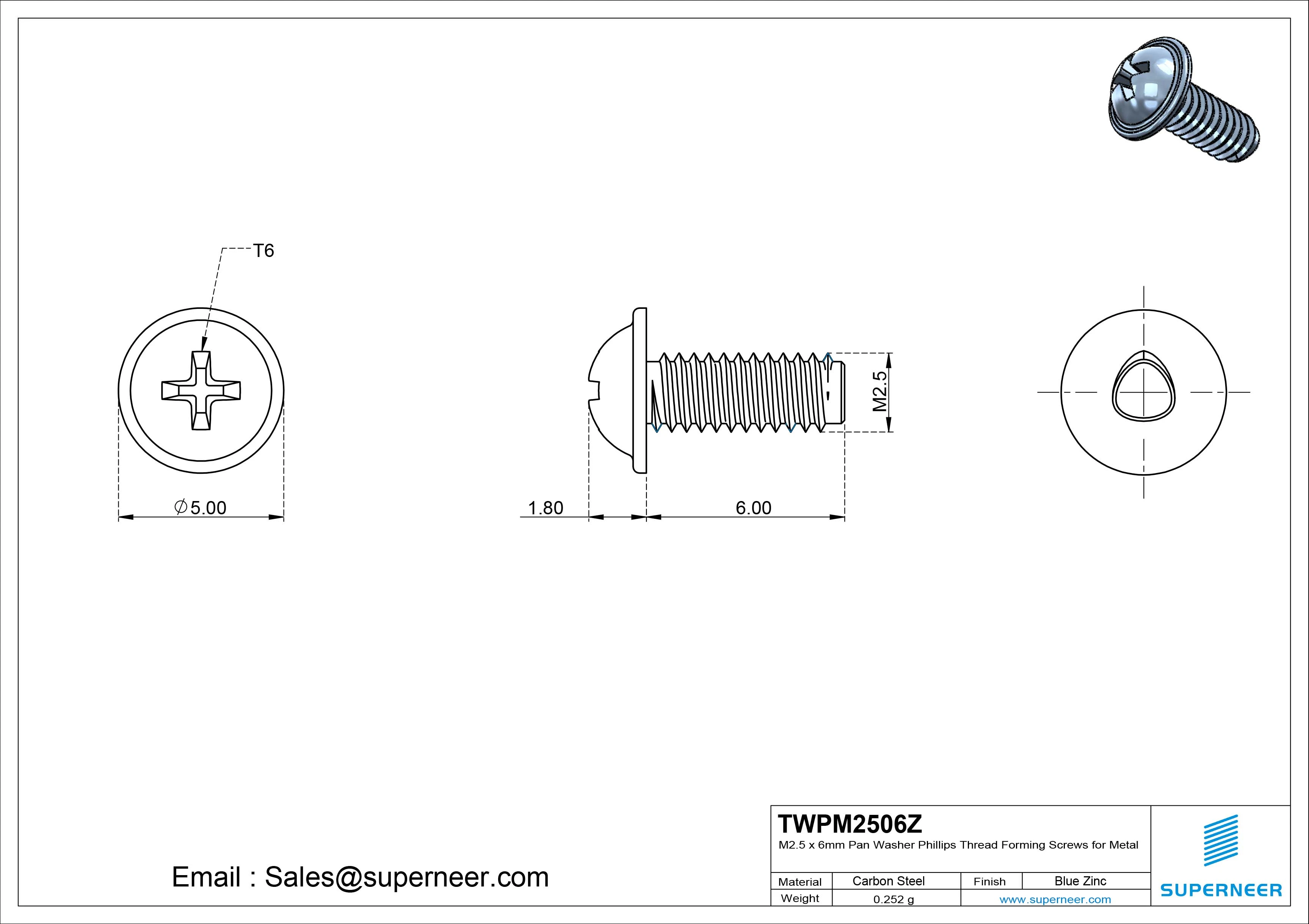 M2.5 &times; 6mm Pan Washer Phillips Thread Forming Screws for Metal Steel Blue Zinc Plated