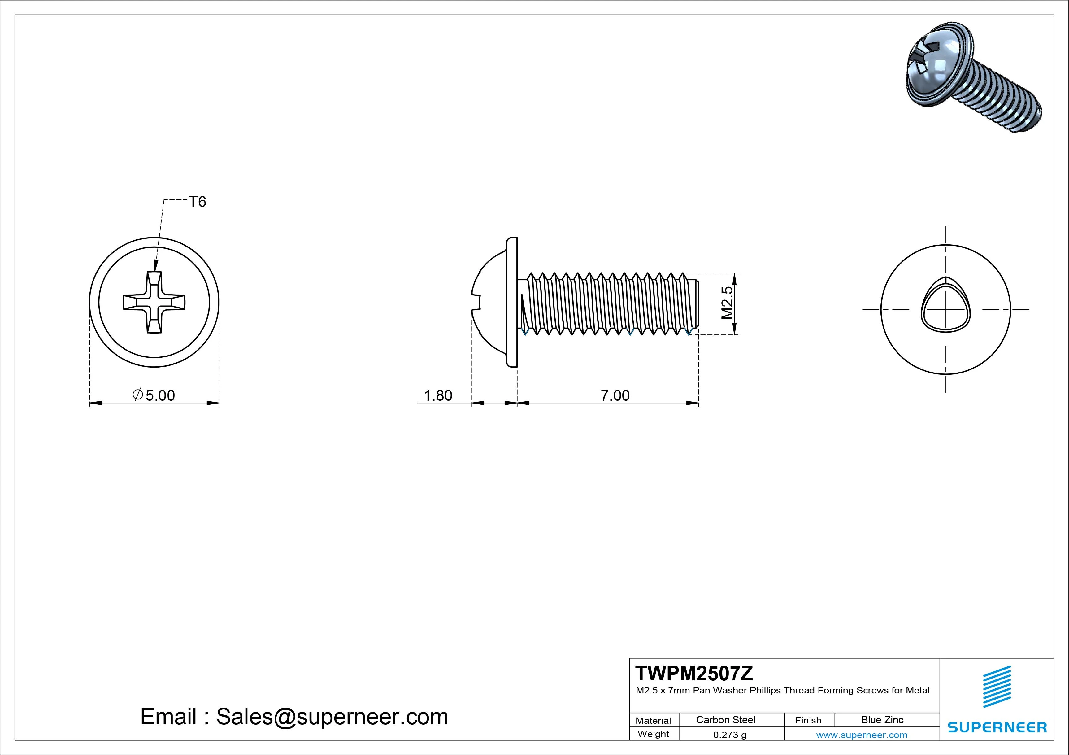 M2.5 &times; 7mm Pan Washer Phillips Thread Forming Screws for Metal Steel Blue Zinc Plated