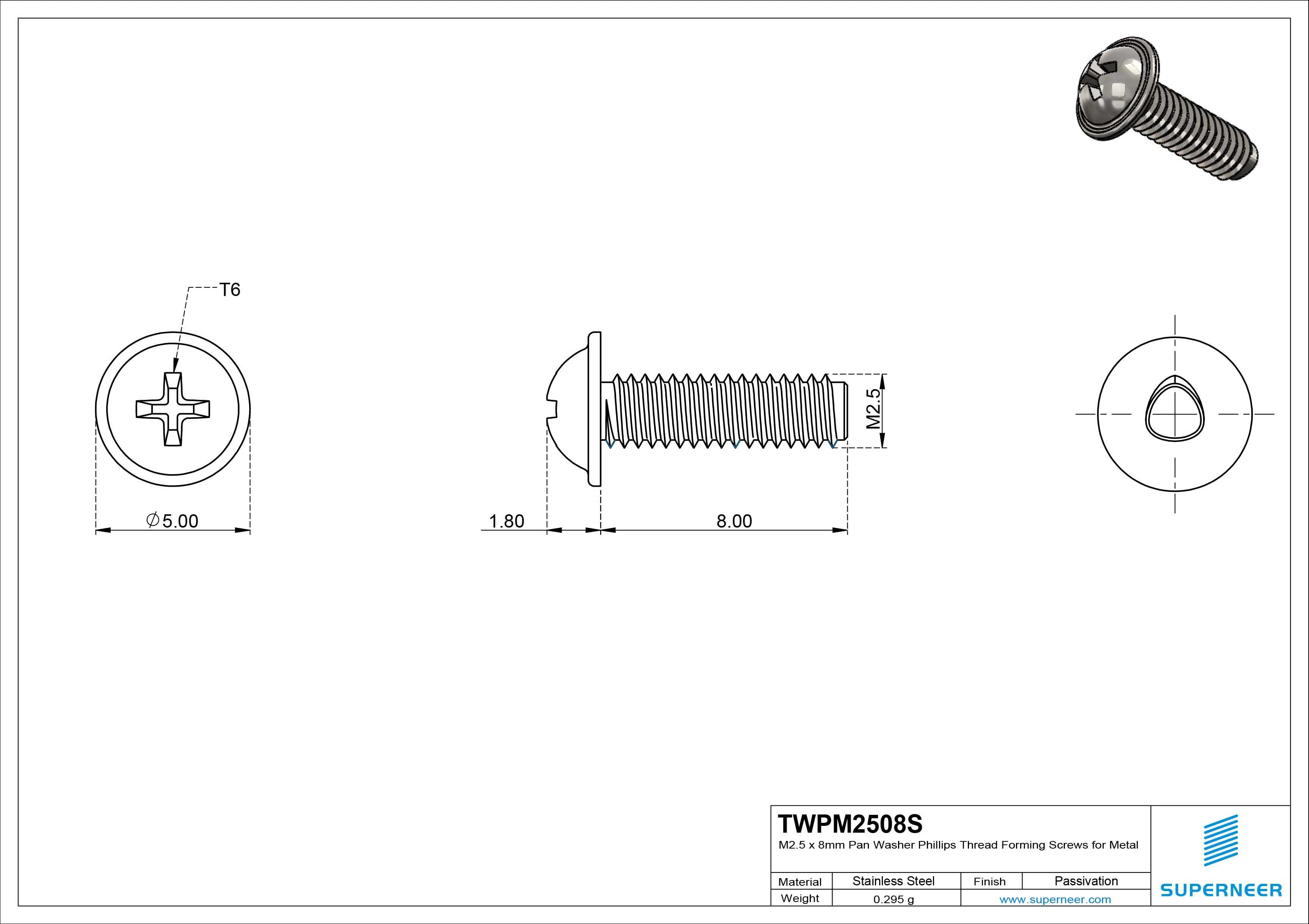 M2.5 &times; 8mm Pan Washer Phillips Thread Forming Screws for Metal SUS304 Stainless Steel Inox