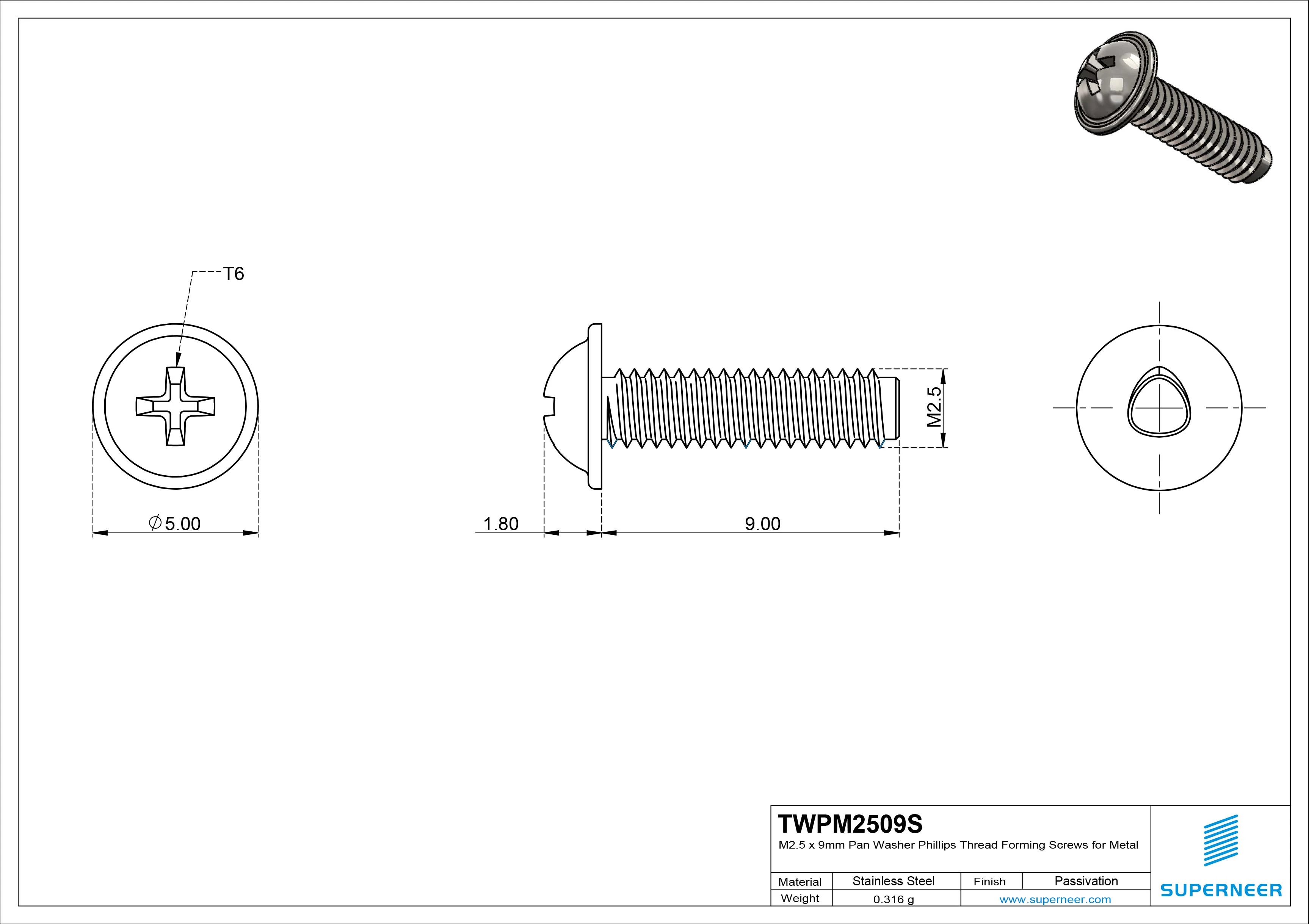 M2.5 &times; 9mm Pan Washer Phillips Thread Forming Screws for Metal SUS304 Stainless Steel Inox