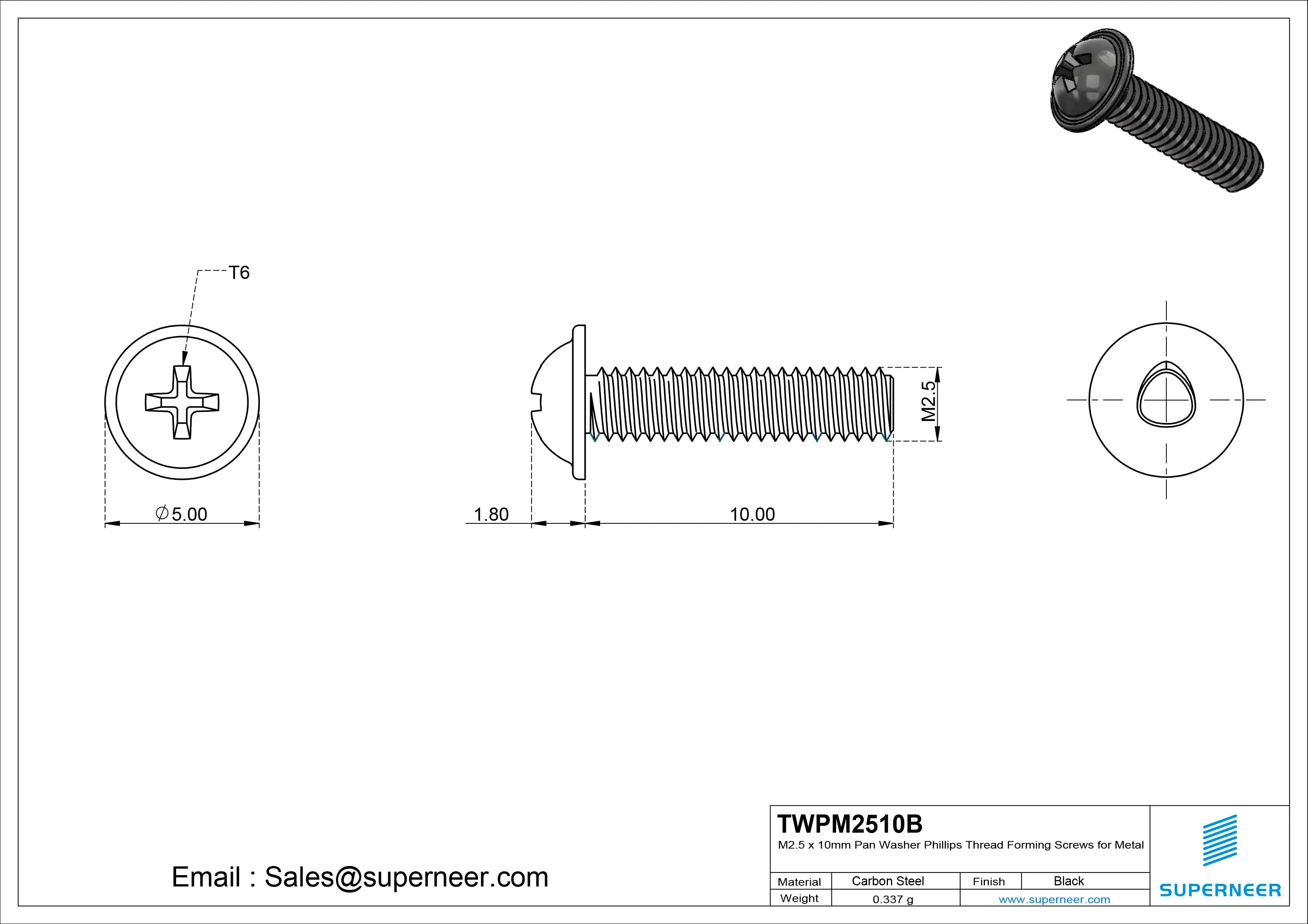 M2.5 &times; 10mm Pan Washer Phillips Thread Forming Screws for Metal Steel Black