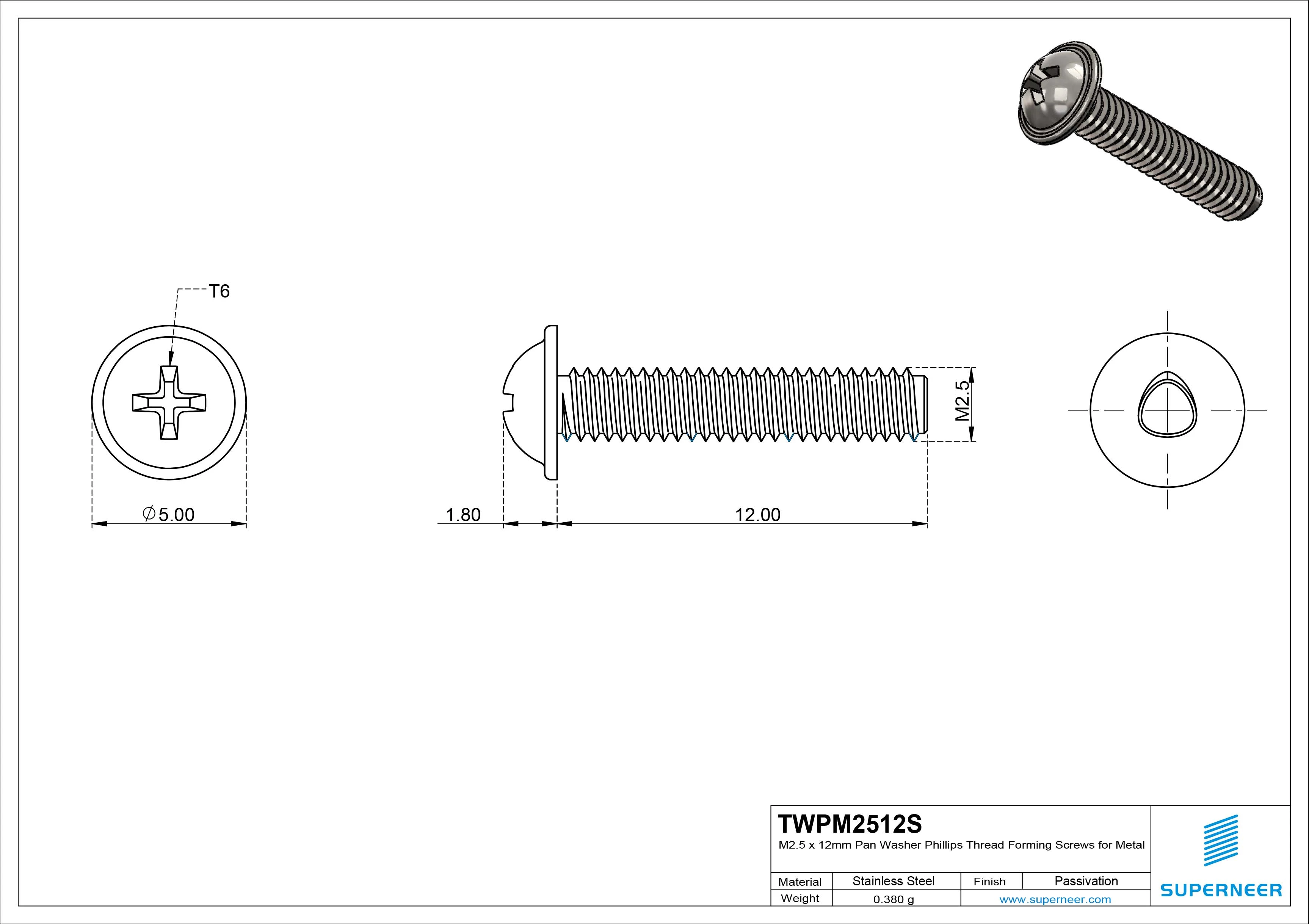 M2.5 &times; 12mm Pan Washer Phillips Thread Forming Screws for Metal SUS304 Stainless Steel Inox