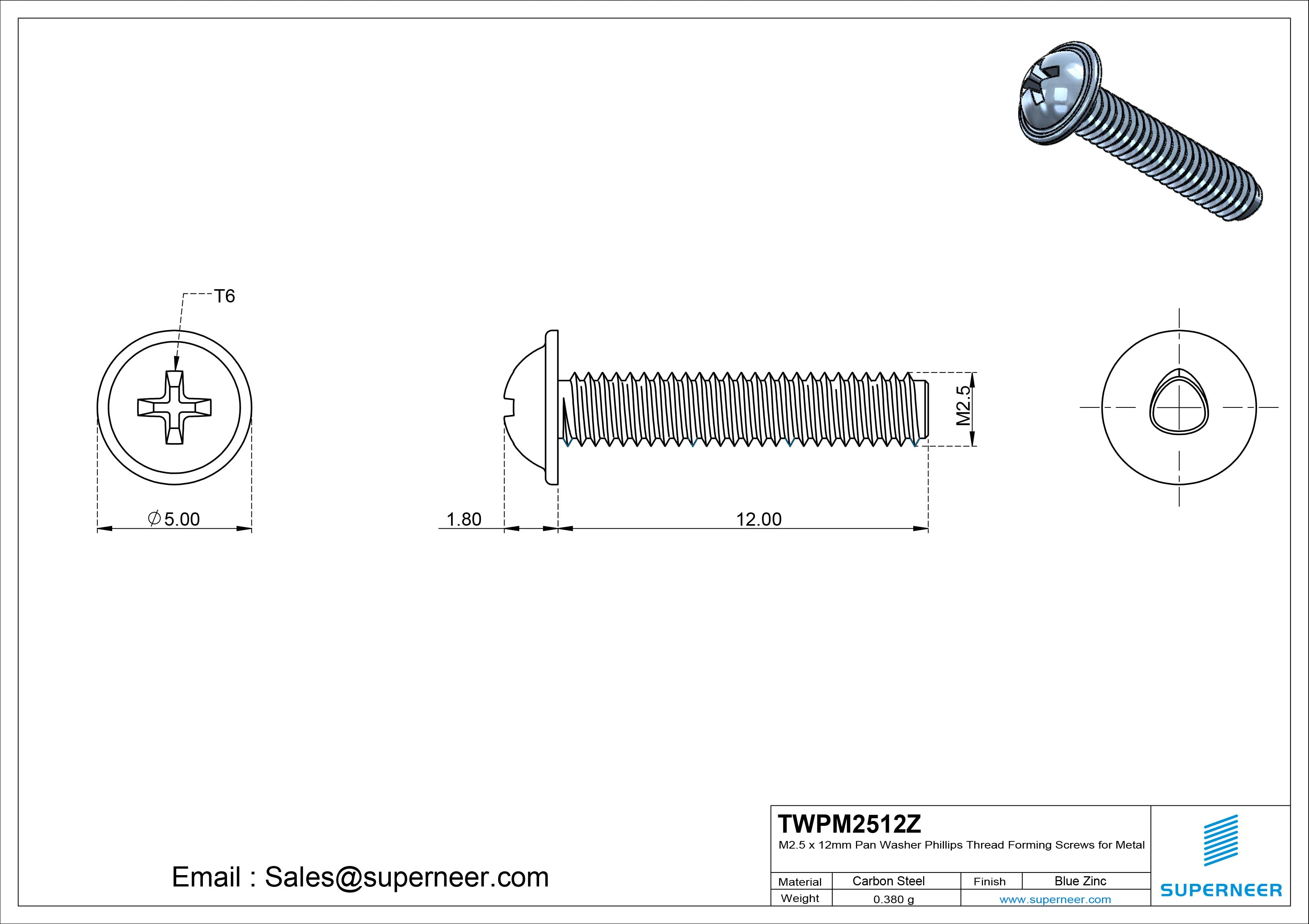 M2.5 &times; 12mm Pan Washer Phillips Thread Forming Screws for Metal Steel Blue Zinc Plated