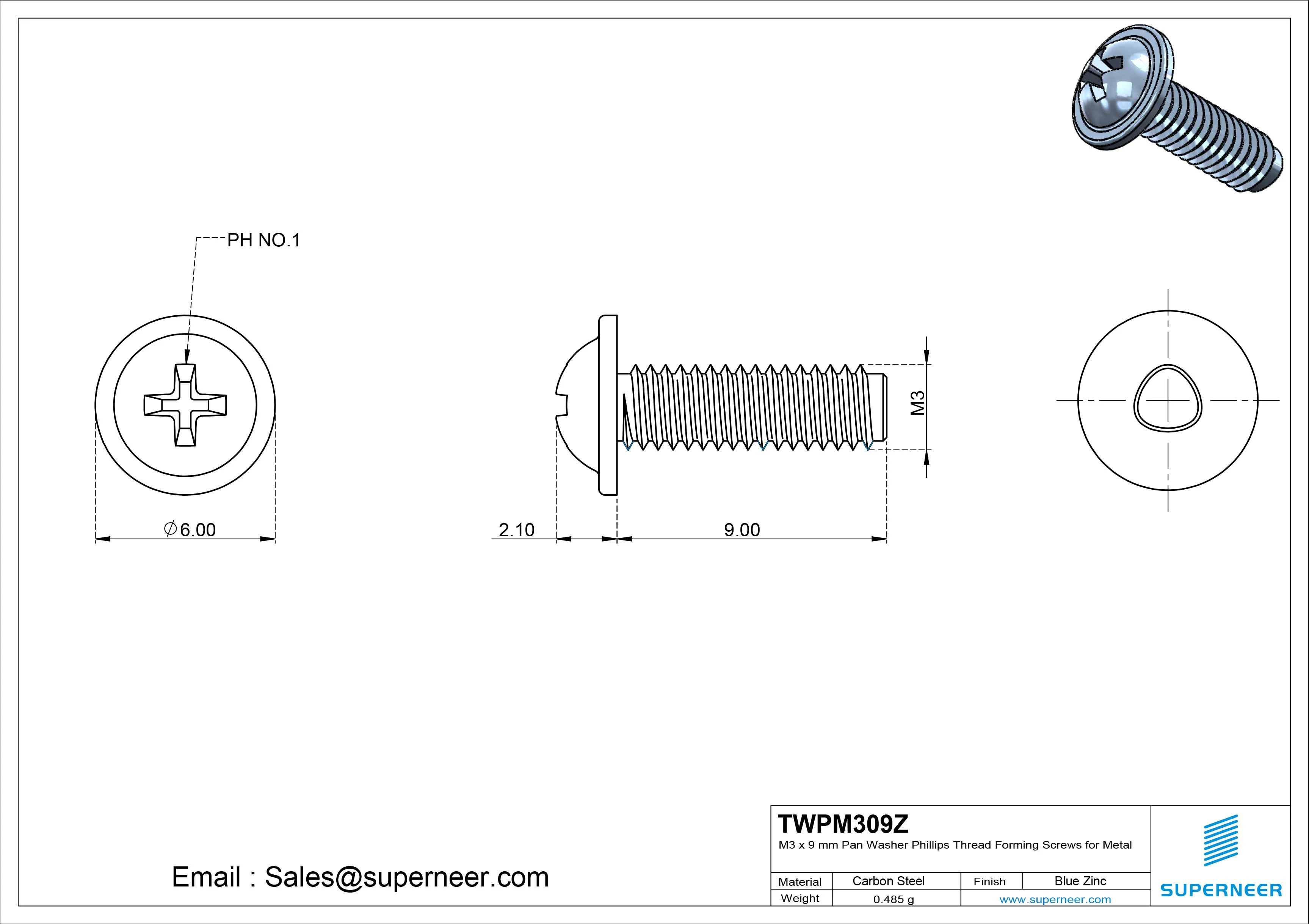 M3 &times; 9mm Pan Washer Phillips Thread Forming Screws for Metal Steel Blue Zinc Plated