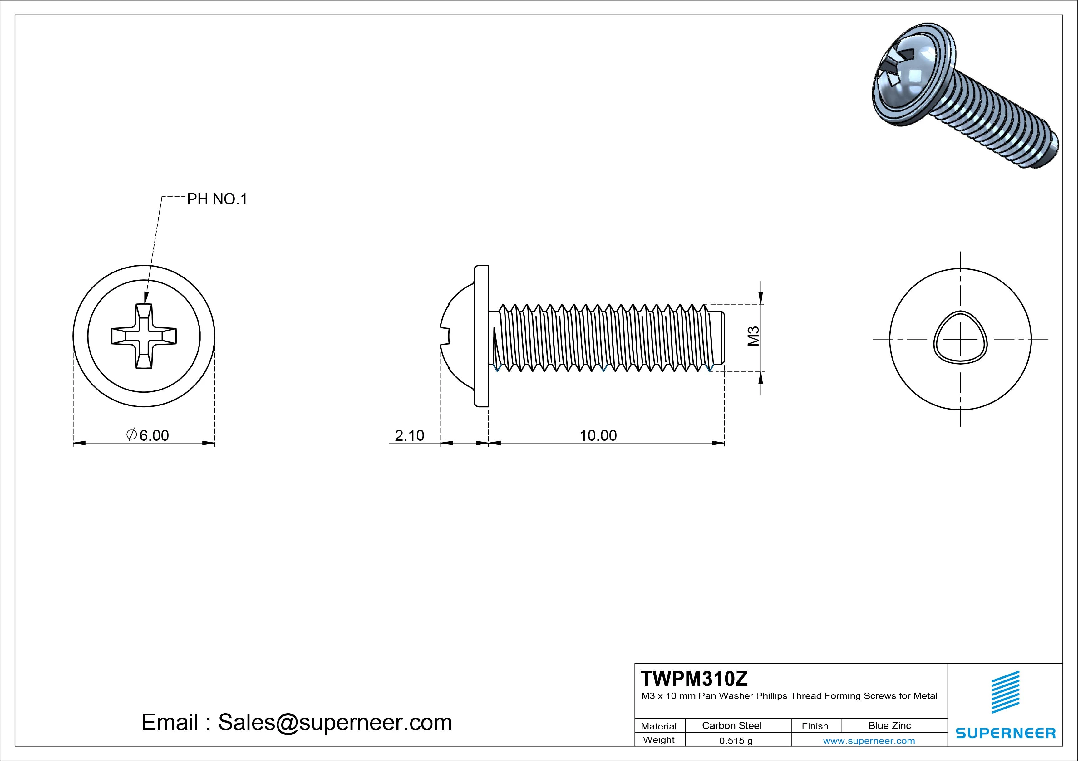 M3 &times; 10mm Pan Washer Phillips Thread Forming Screws for Metal Steel Blue Zinc Plated
