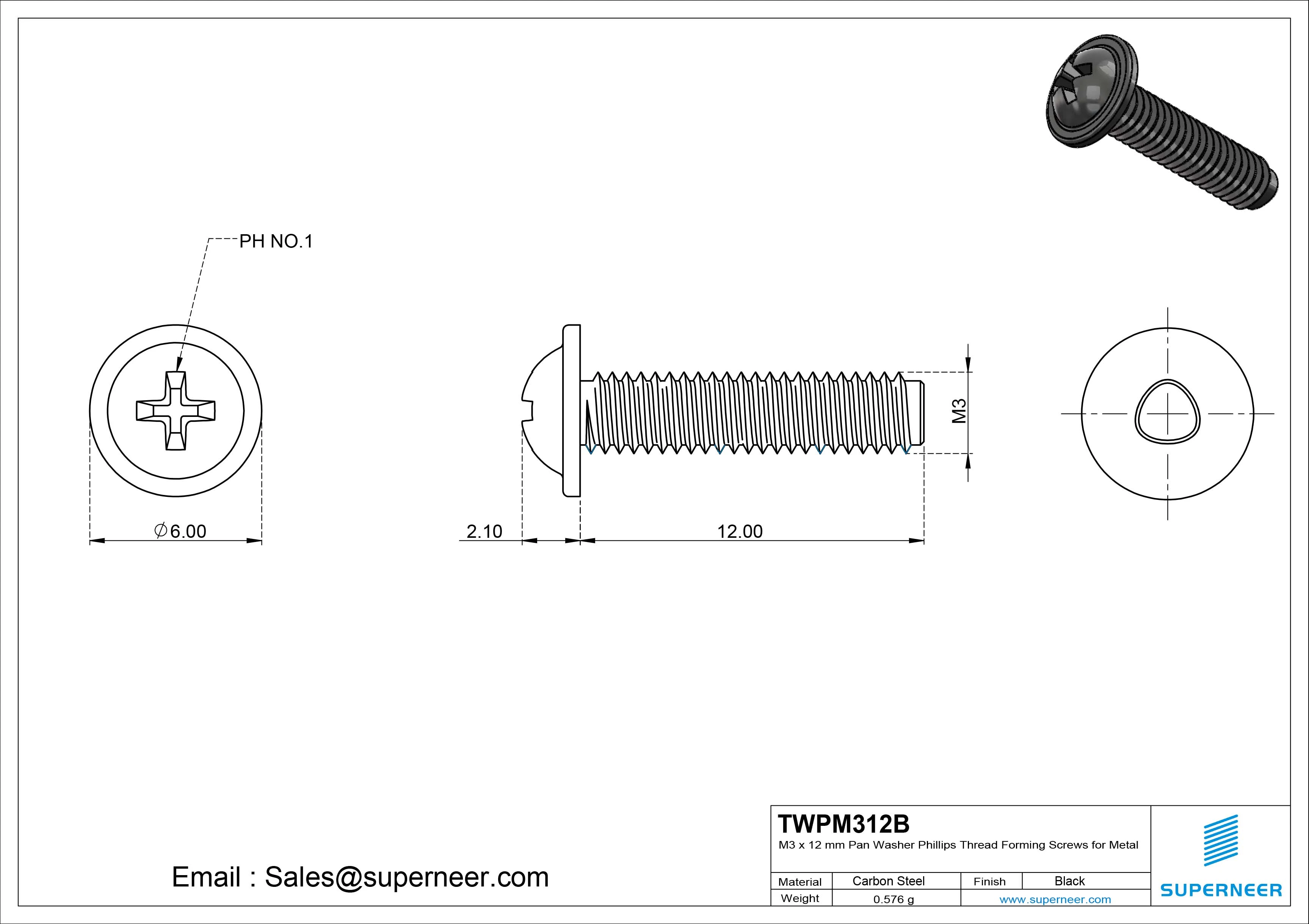 M3 &times; 12mm Pan Washer Phillips Thread Forming Screws for Metal Steel Black