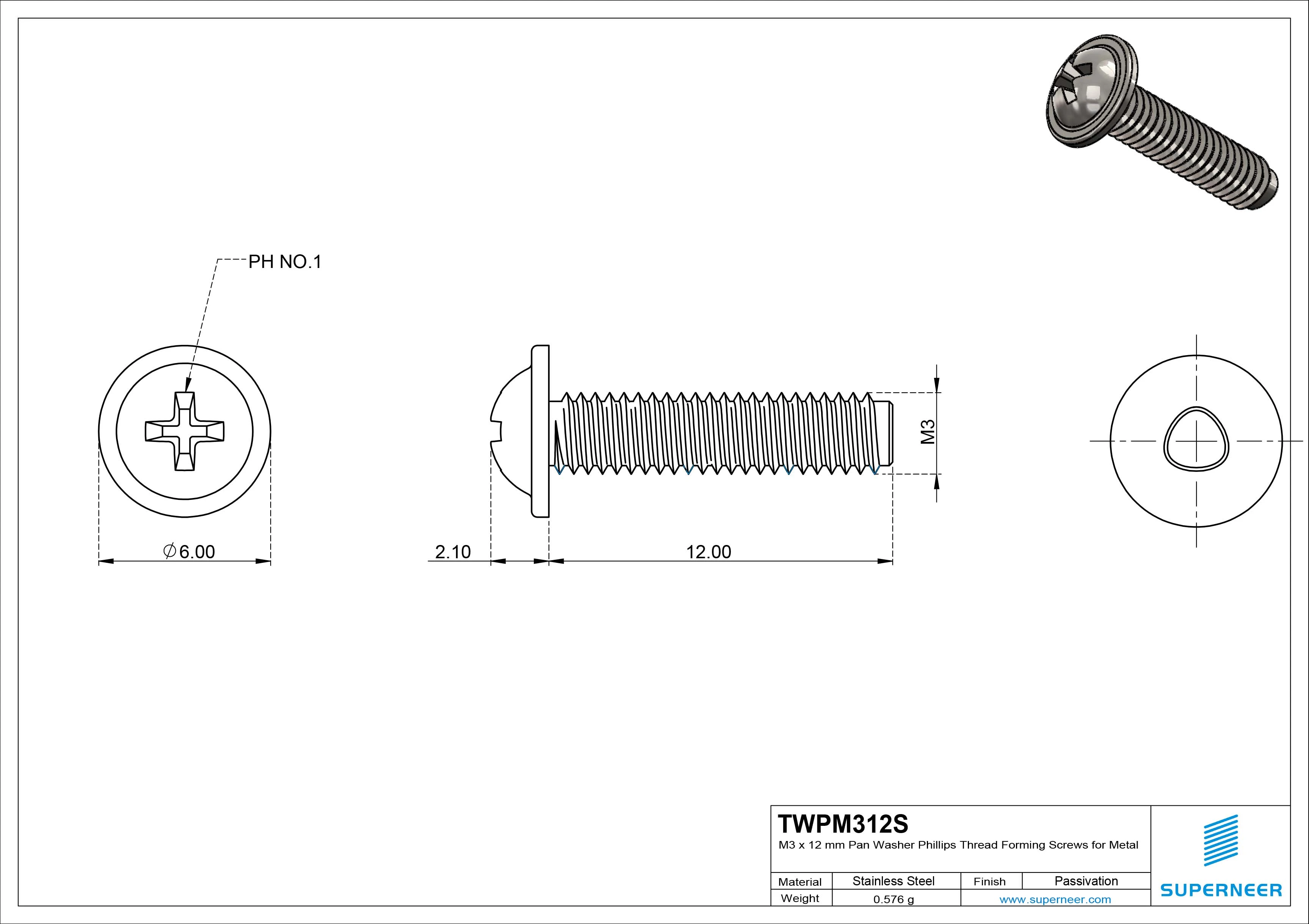 M3 &times; 12mm Pan Washer Phillips Thread Forming Screws for Metal SUS304 Stainless Steel Inox