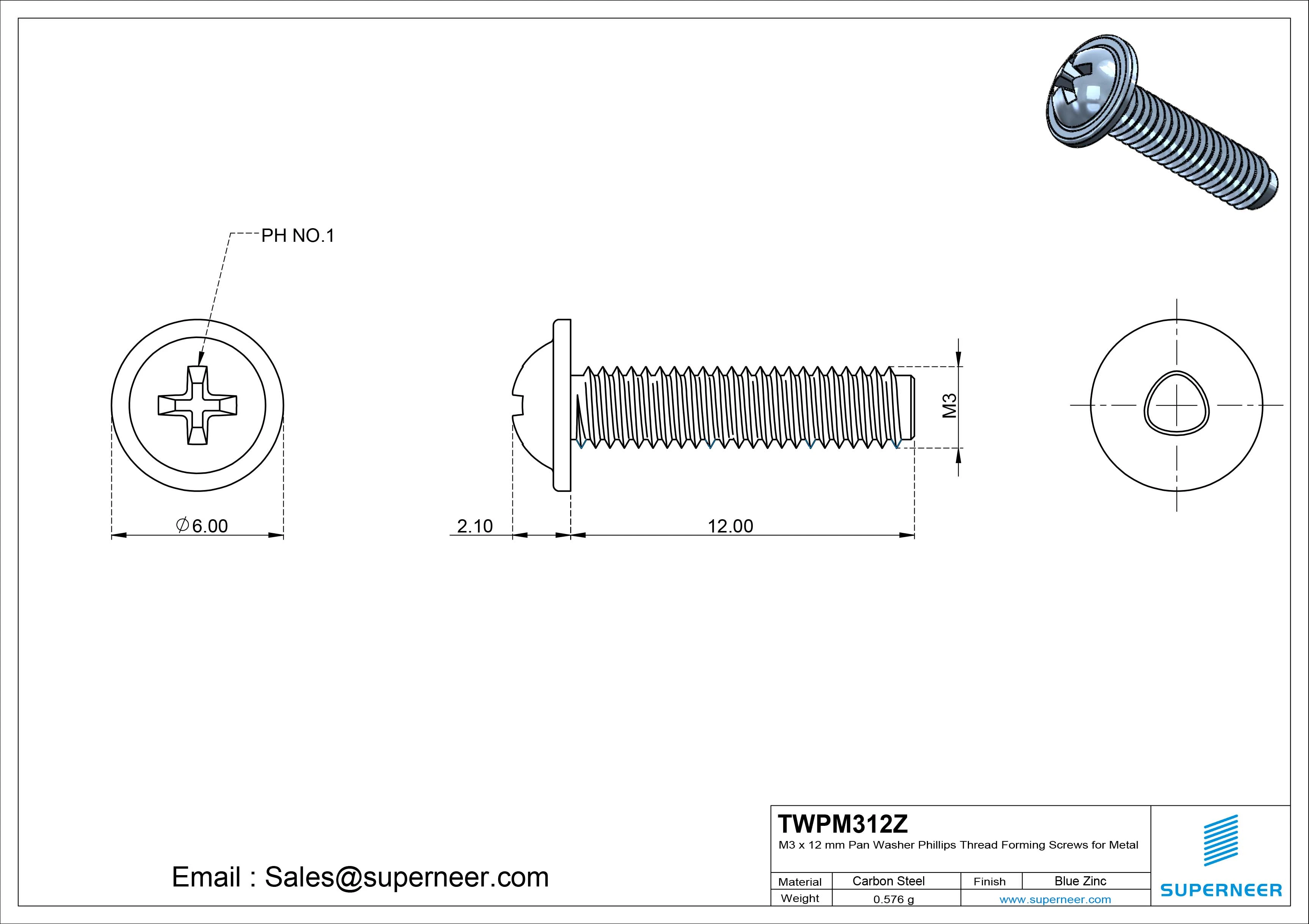 M3 &times; 12mm Pan Washer Phillips Thread Forming Screws for Metal Steel Blue Zinc Plated