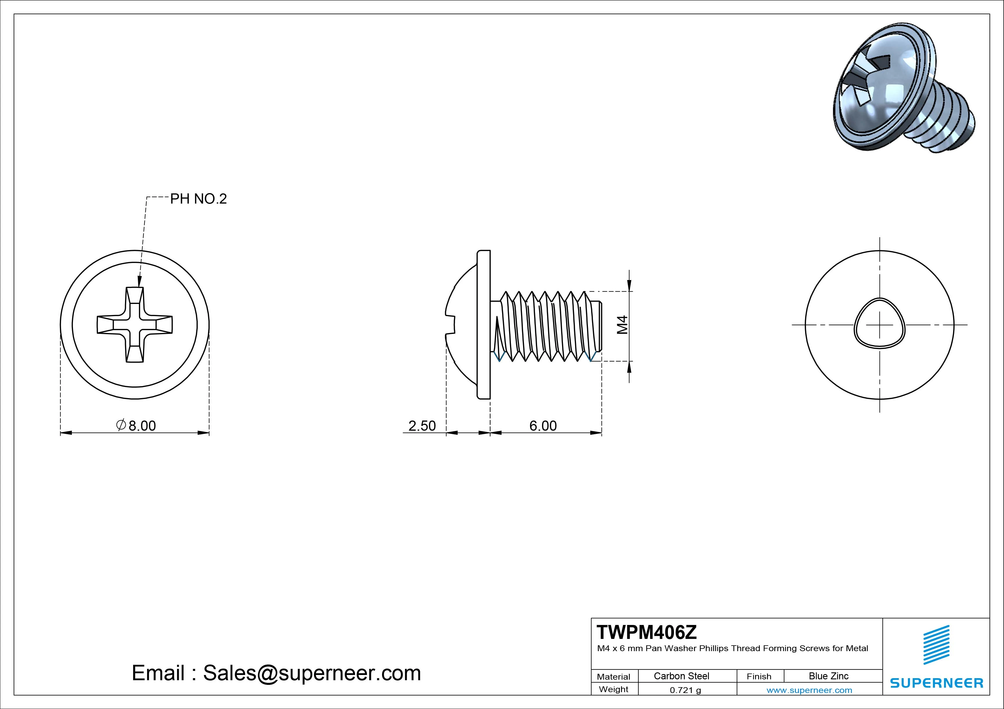 M4 &times; 6mm Pan Washer Phillips Thread Forming Screws for Metal Steel Blue Zinc Plated